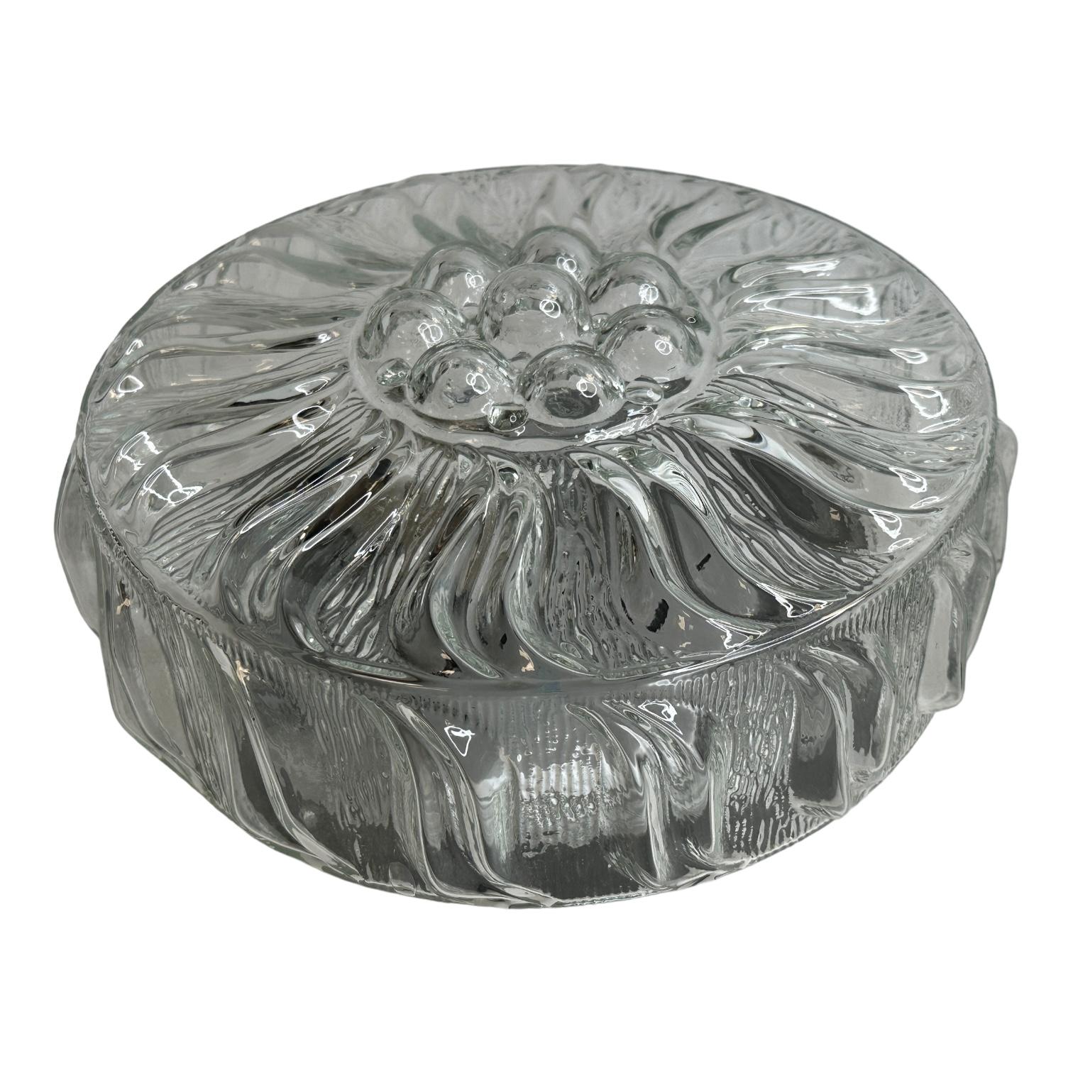 1 of 2 clear Glass Sunflower Pattern Circular Flush Mount Ceiling Light, 1970s For Sale 1