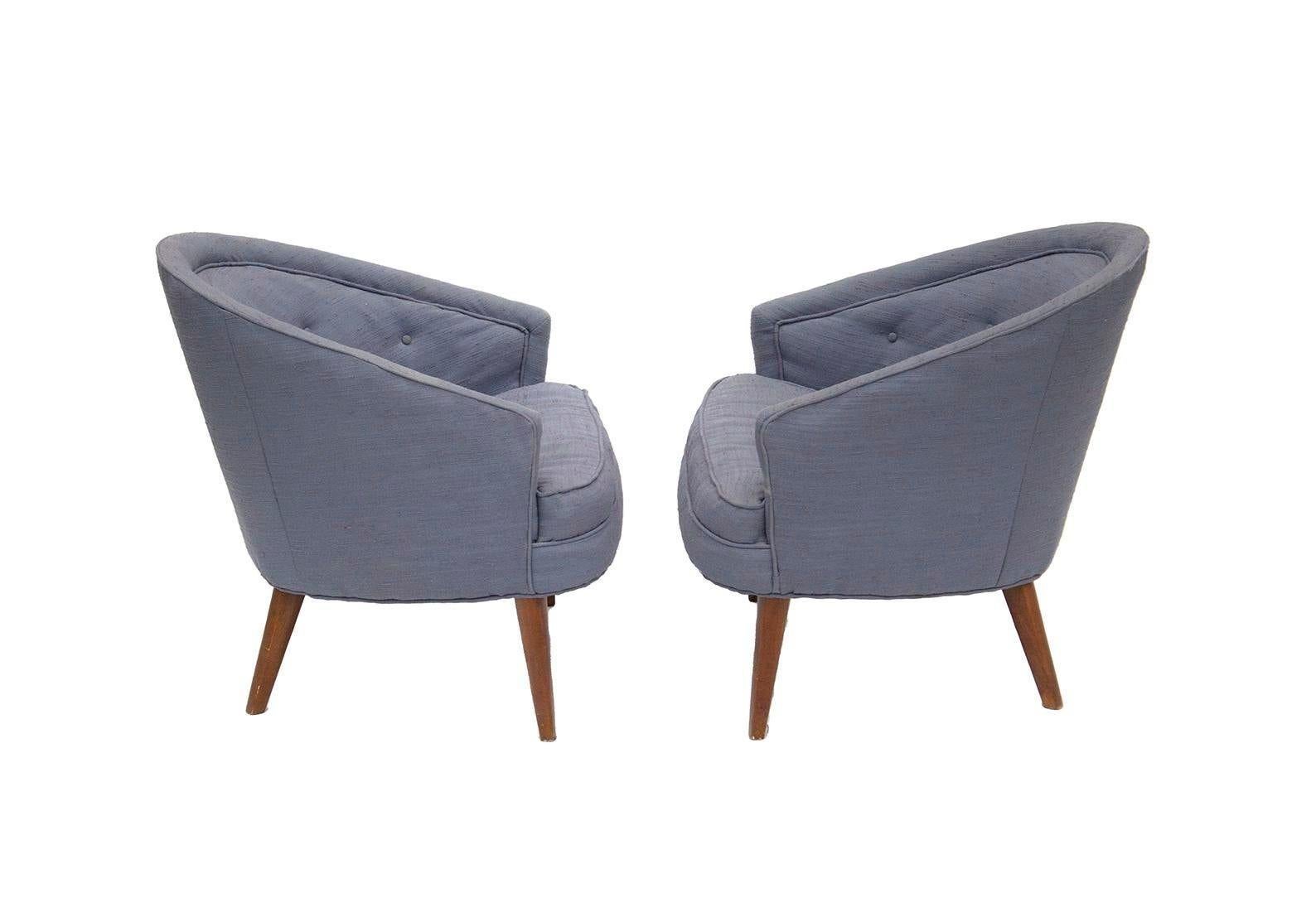 Fabric Petite Pair of Tufted Mid-Century Armchairs For Sale