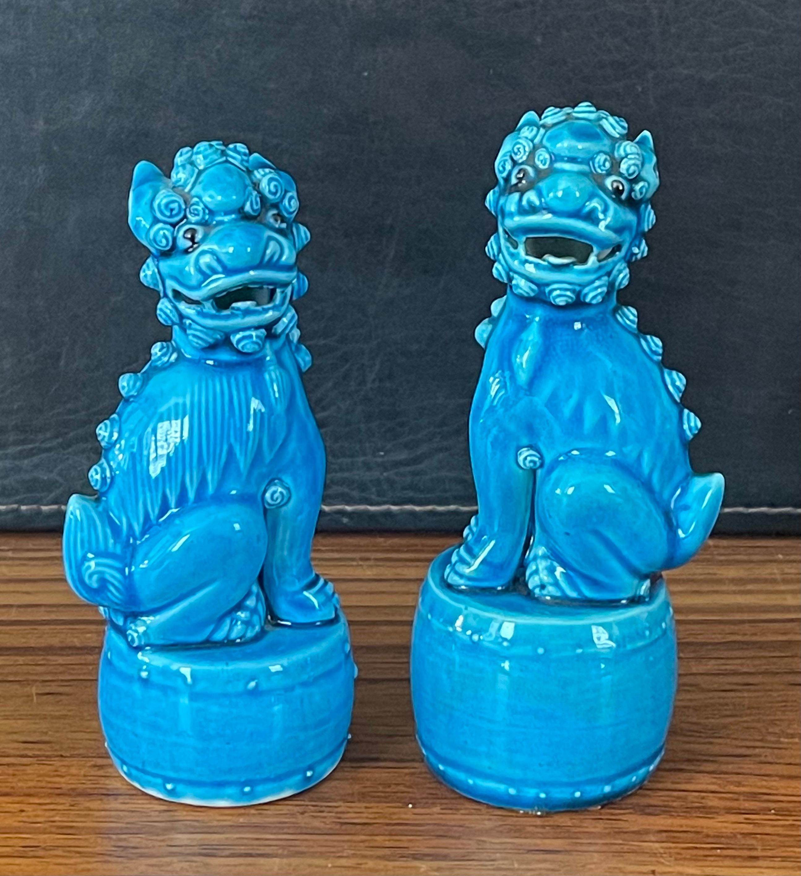 Petite Pair of Vintage Turquoise Blue Ceramic Foo Dog Sculptures For Sale 3
