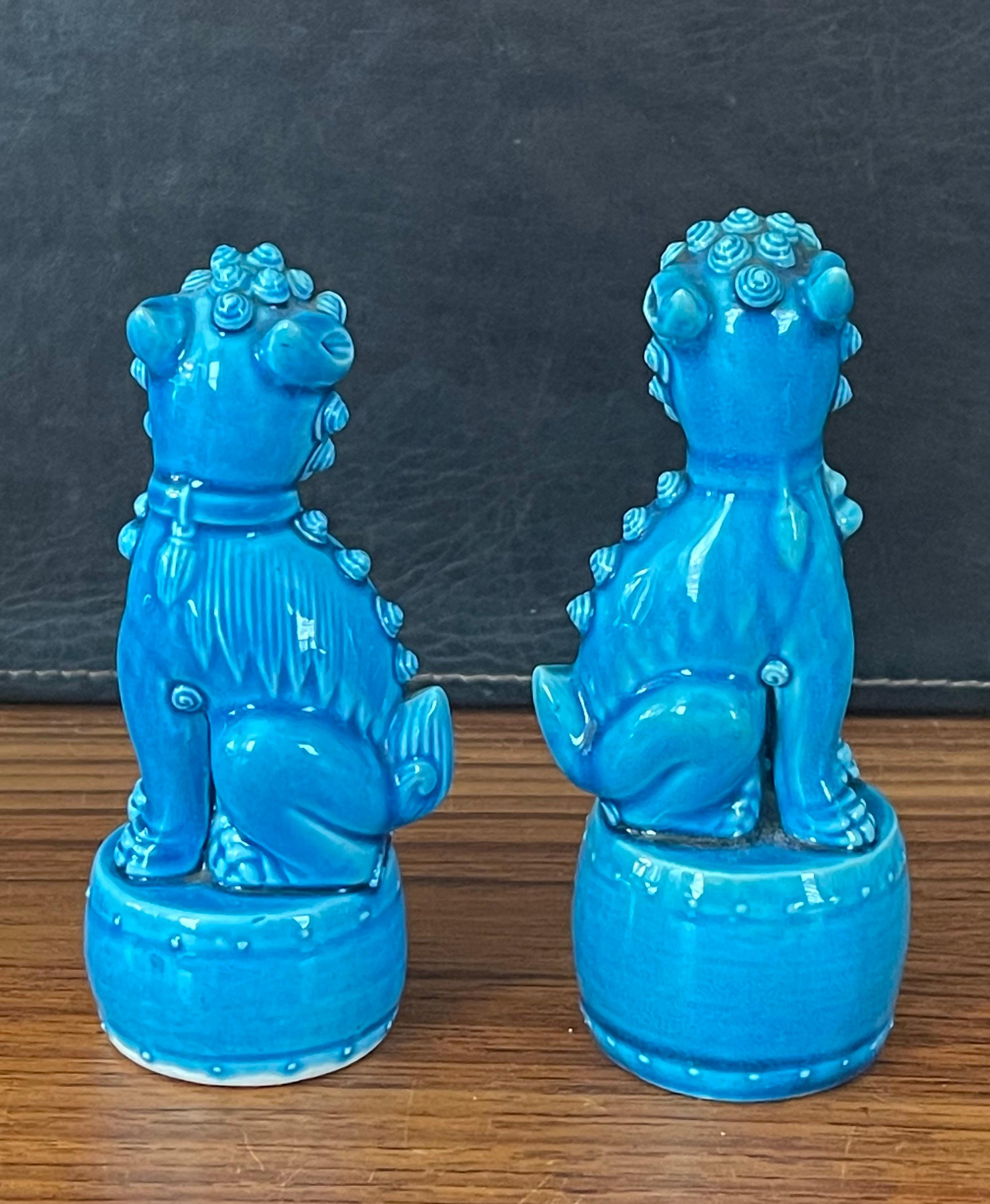 Hand-Crafted Petite Pair of Vintage Turquoise Blue Ceramic Foo Dog Sculptures For Sale