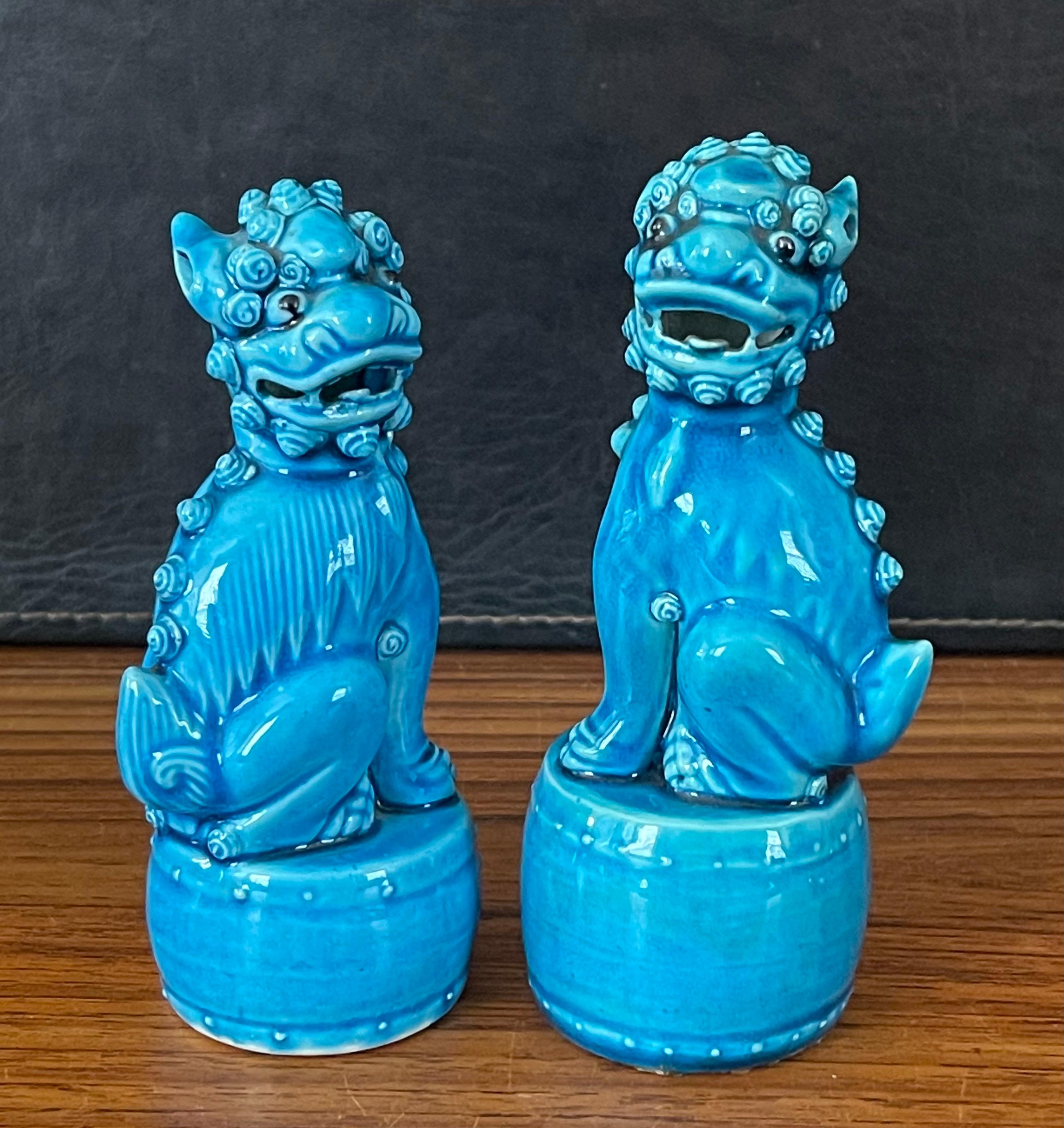 20th Century Petite Pair of Vintage Turquoise Blue Ceramic Foo Dog Sculptures For Sale