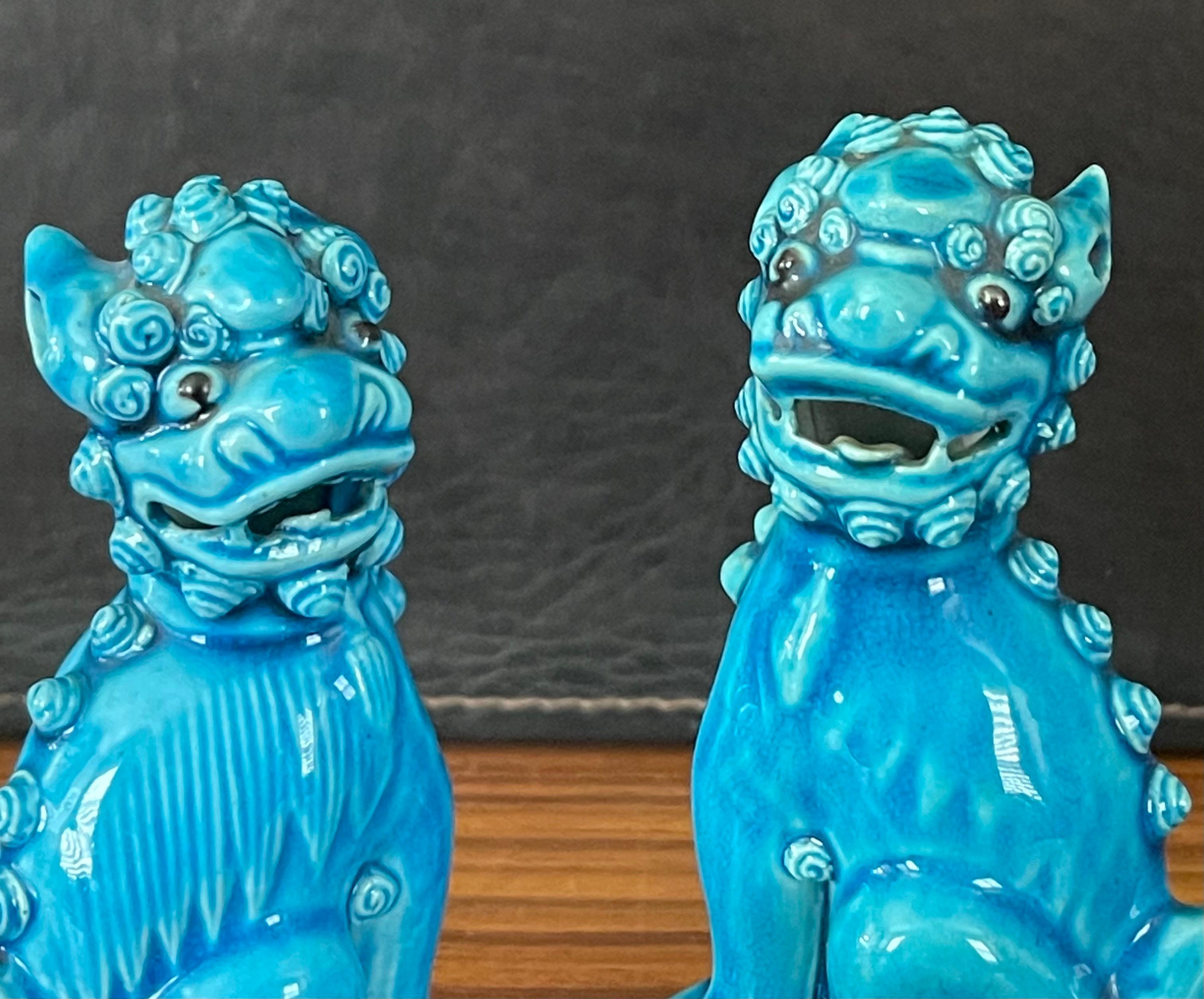 Petite Pair of Vintage Turquoise Blue Ceramic Foo Dog Sculptures For Sale 1