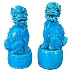 Petite Pair of Vintage Turquoise Blue Ceramic Foo Dog Sculptures