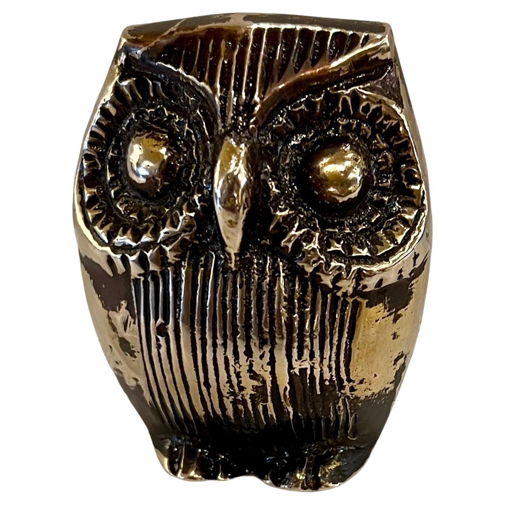 Petite Patinated Brass 1970s Owl Sculpture For Sale