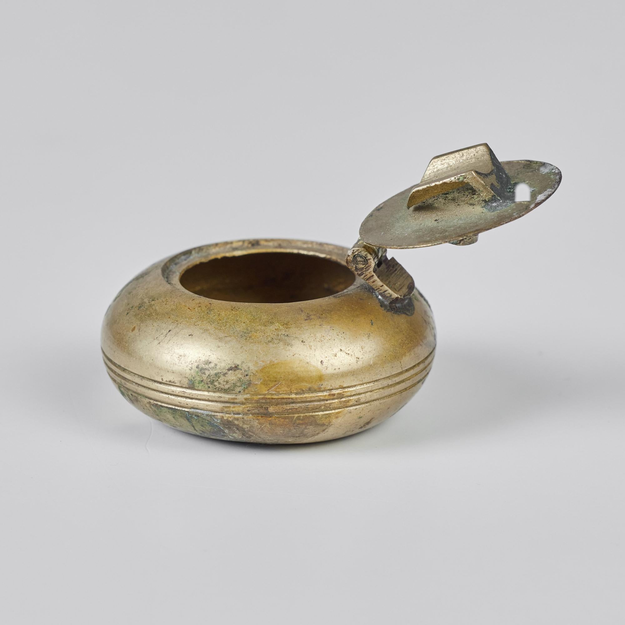Petite Patinated Brass Ashtray with Flip-Top Lid 4