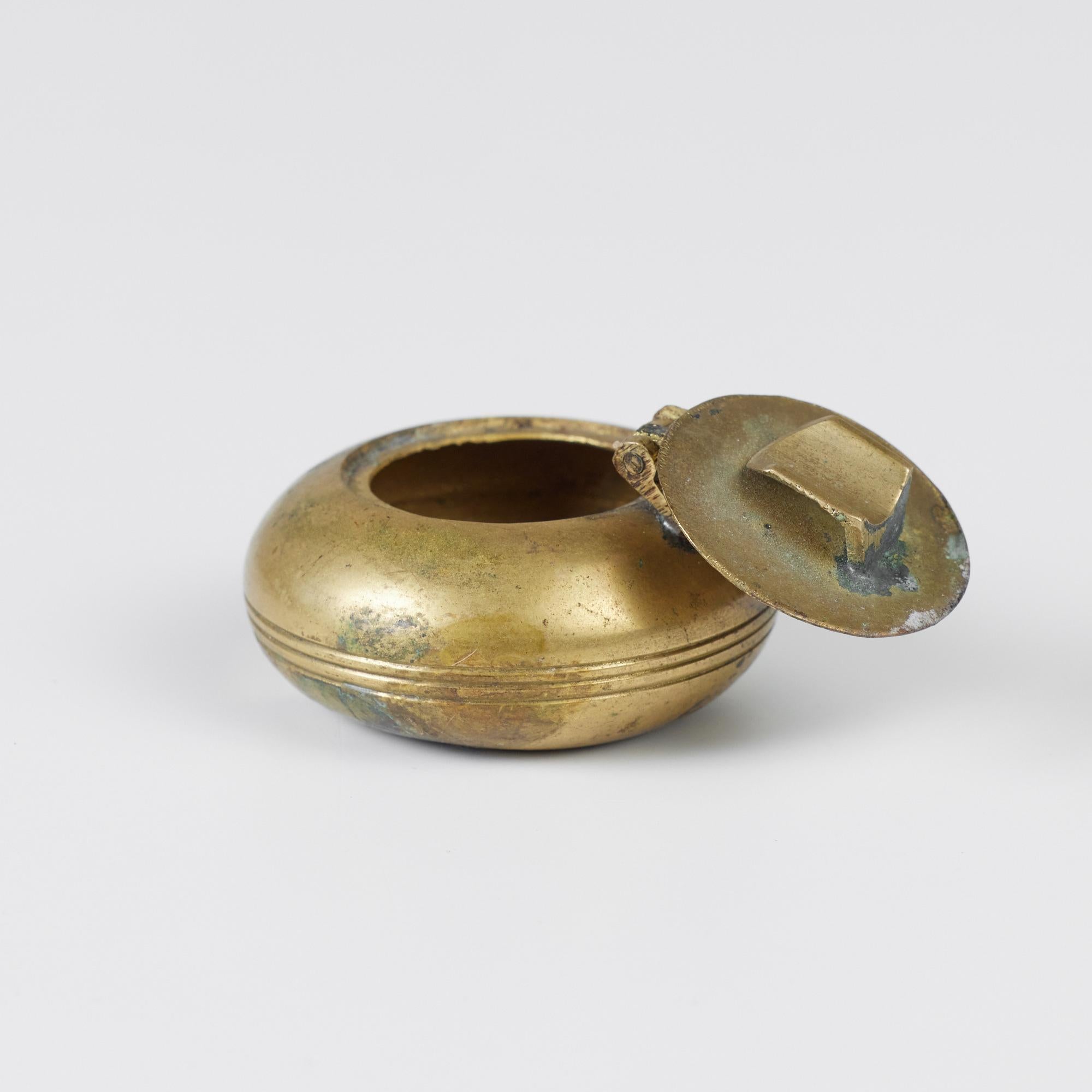 Petite Patinated Brass Ashtray with Flip-Top Lid 5