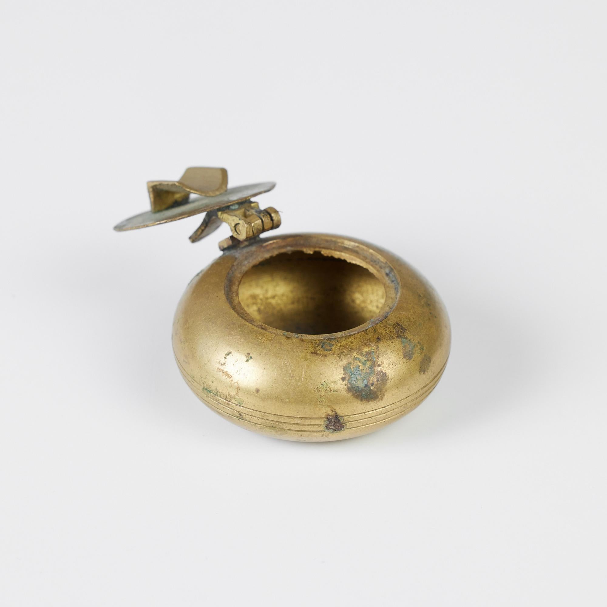 Petite Patinated Brass Ashtray with Flip-Top Lid 2