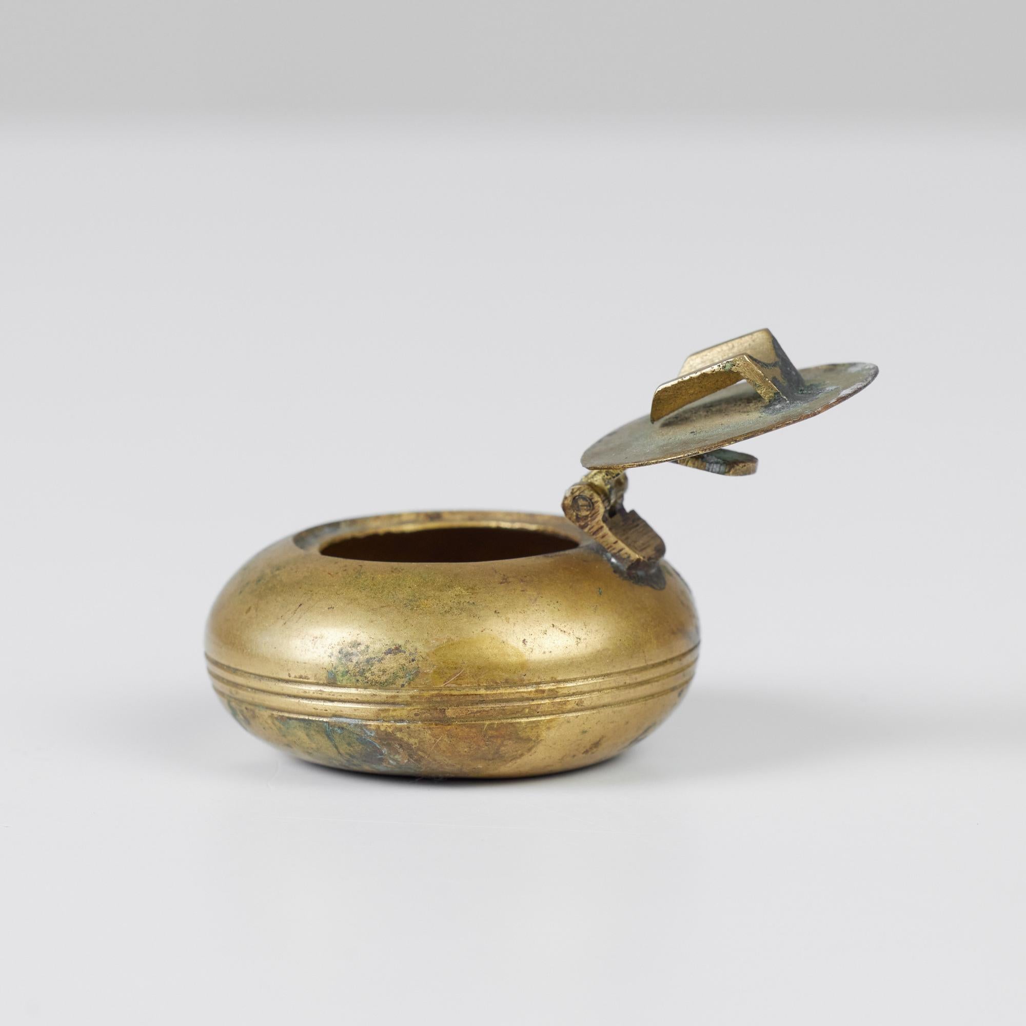 Petite Patinated Brass Ashtray with Flip-Top Lid 3