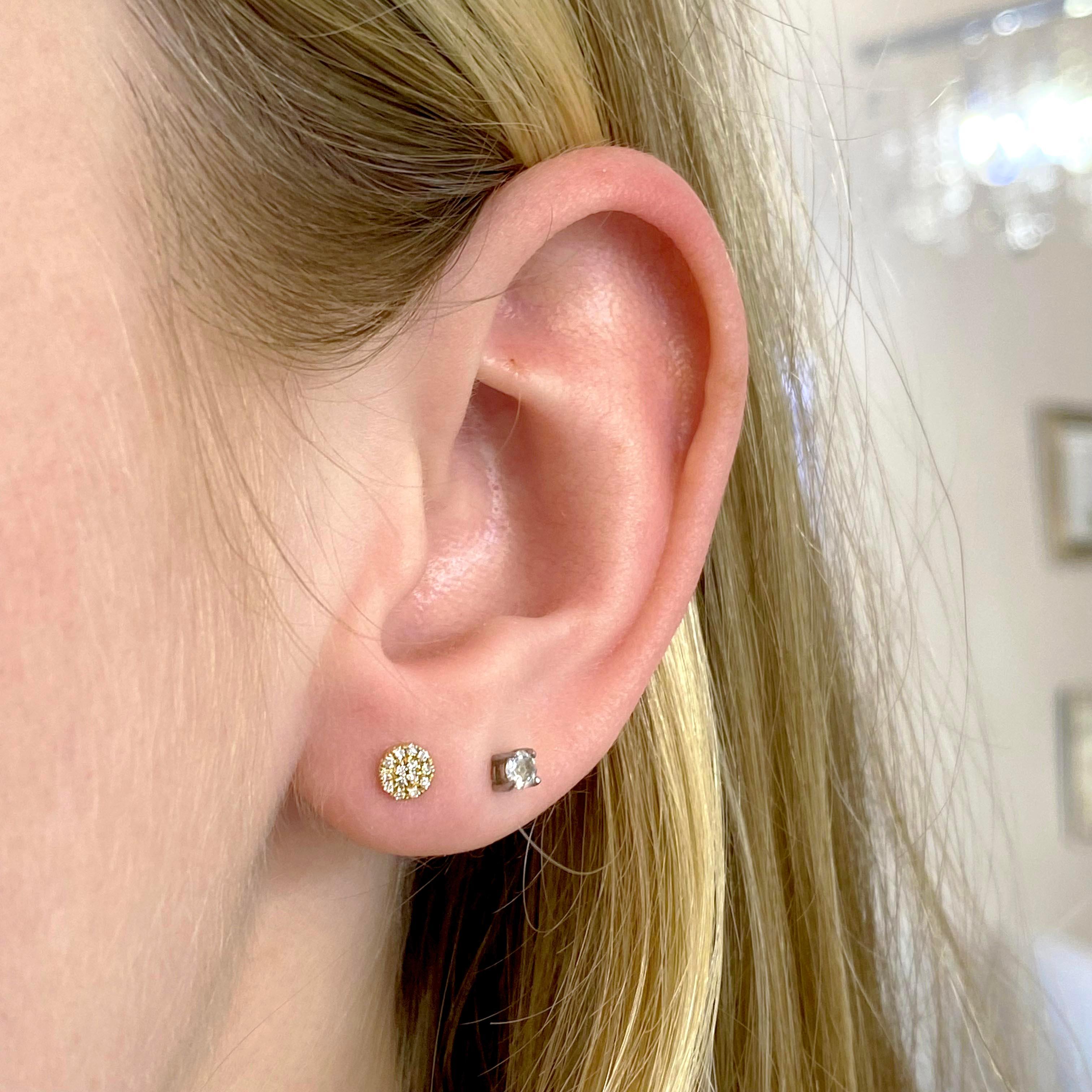 Perfectly petite, these pave diamond studs are great for that low-profile everyday fit and feel. These cuties are covered in little diamonds for a fabulous accent anywhere on your ear. The diamonds are all G-H color and VS clarity, weighing a total