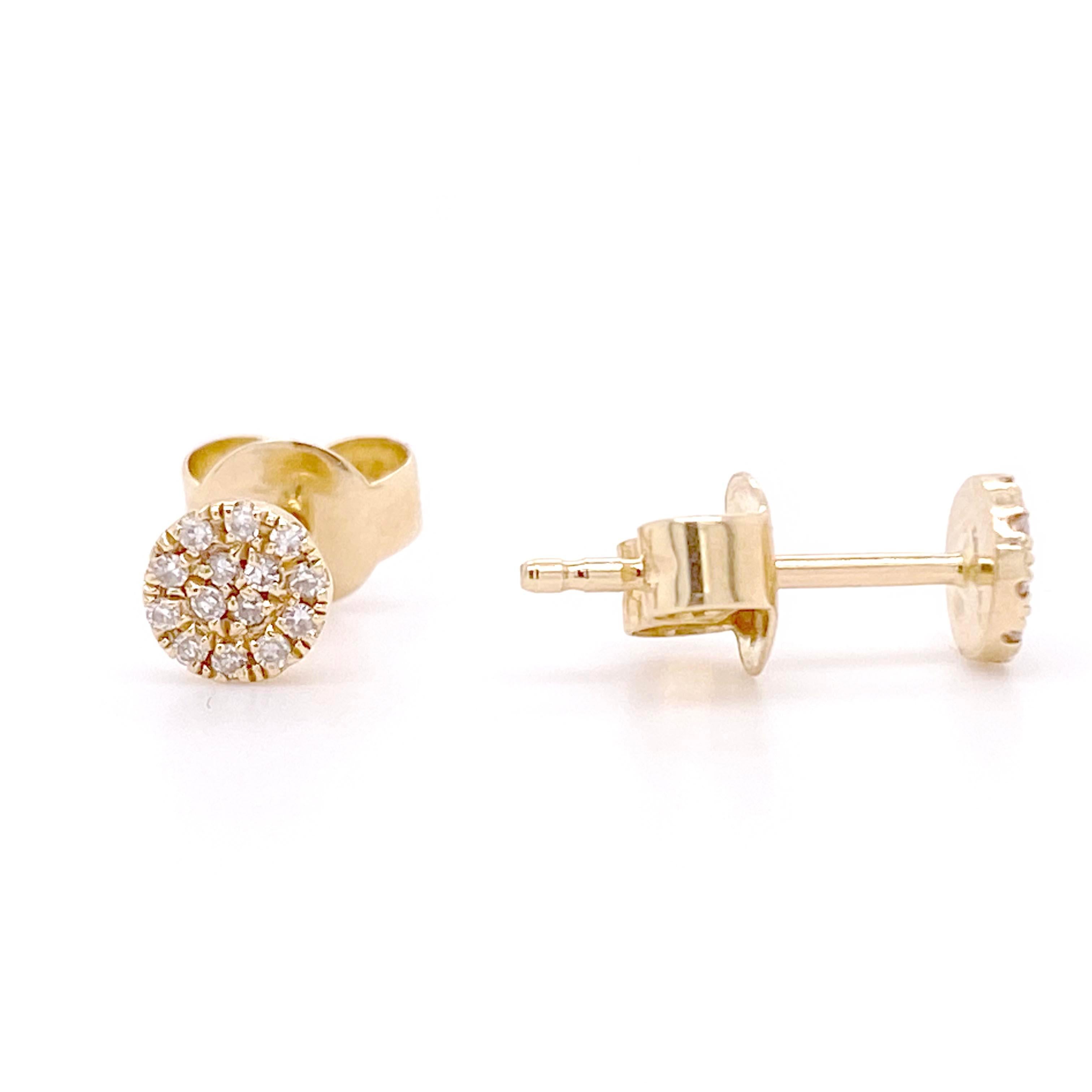 Contemporary Petite Pave Diamond Round Disc Studs 4.5mm 0.07 Carats 14K Yellow Gold Ear Stack For Sale