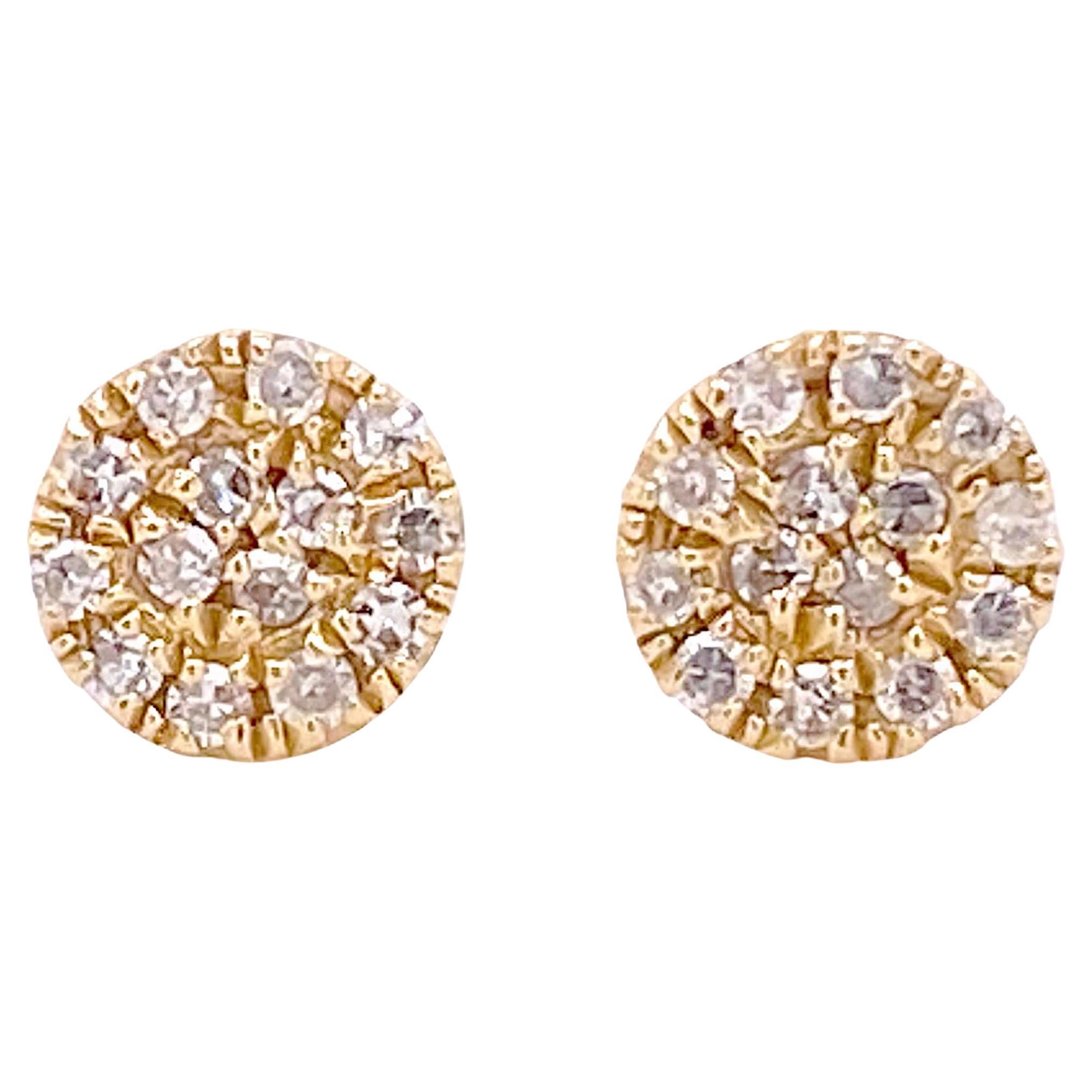Petite Pave Diamond Round Disc Studs 4.5mm 0.07 Carats 14K Yellow Gold Ear Stack For Sale