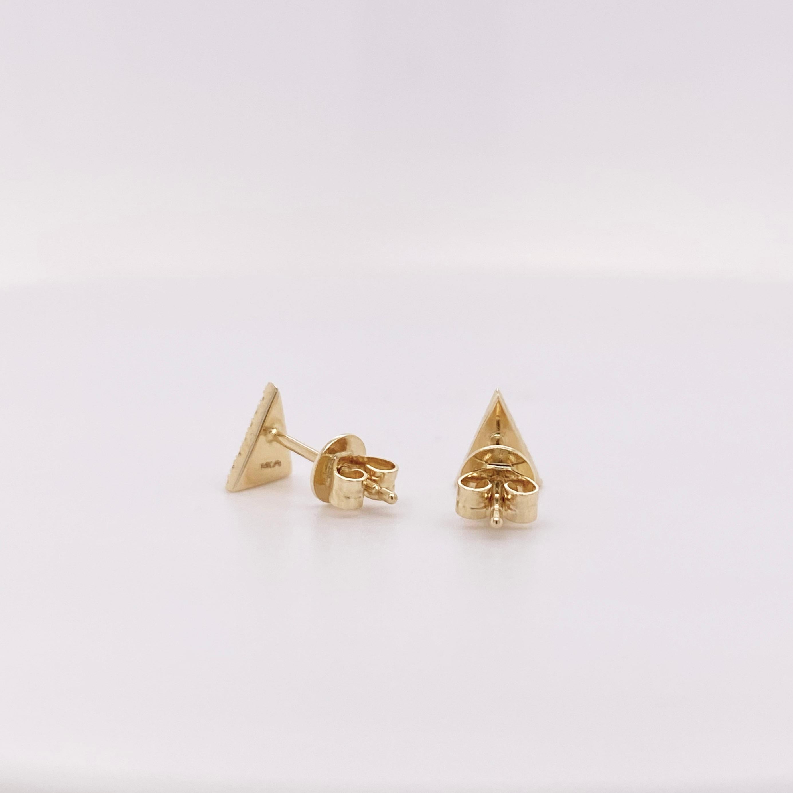 Round Cut Petite Pave Diamond Triangle Stud Earrings in 14K Yellow Gold 1/10 Carat For Sale