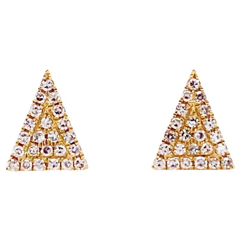 Petite Pave Diamond Triangle Stud Earrings in 14K Yellow Gold 1/10 Carat For Sale