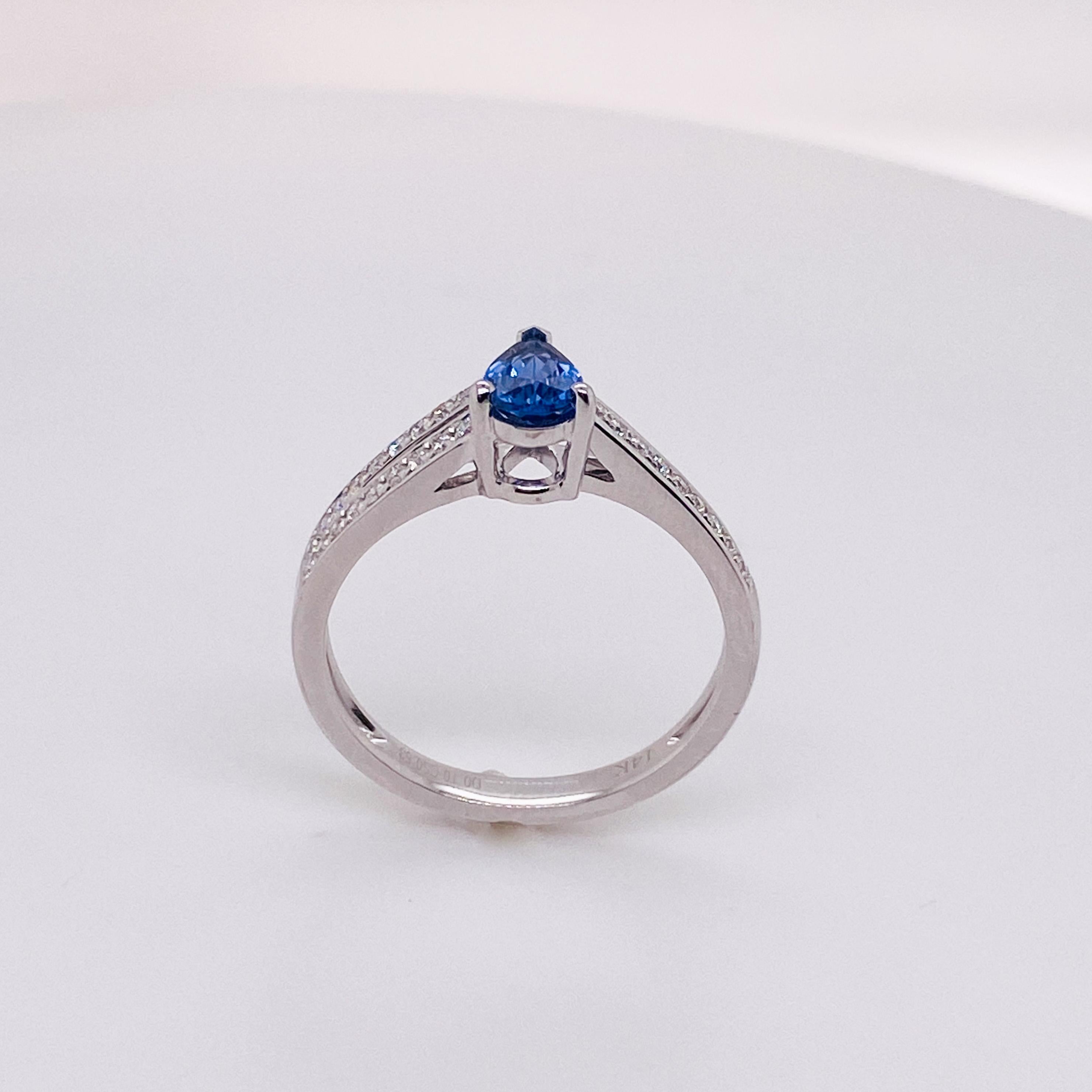 Petite Pear Sapphire 0.53 Carat Asymmetric Ring with Diamonds 14k W/Y/R Gold LV 2