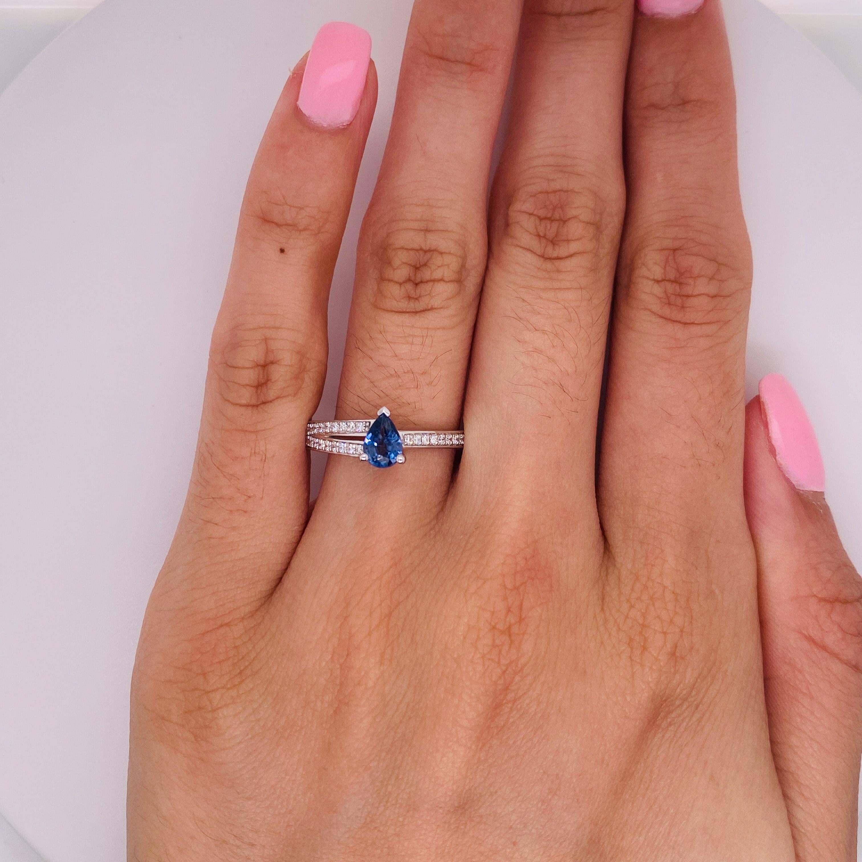 Petite Pear Sapphire 0.53 Carat Asymmetric Ring with Diamonds 14k W/Y/R Gold LV 4