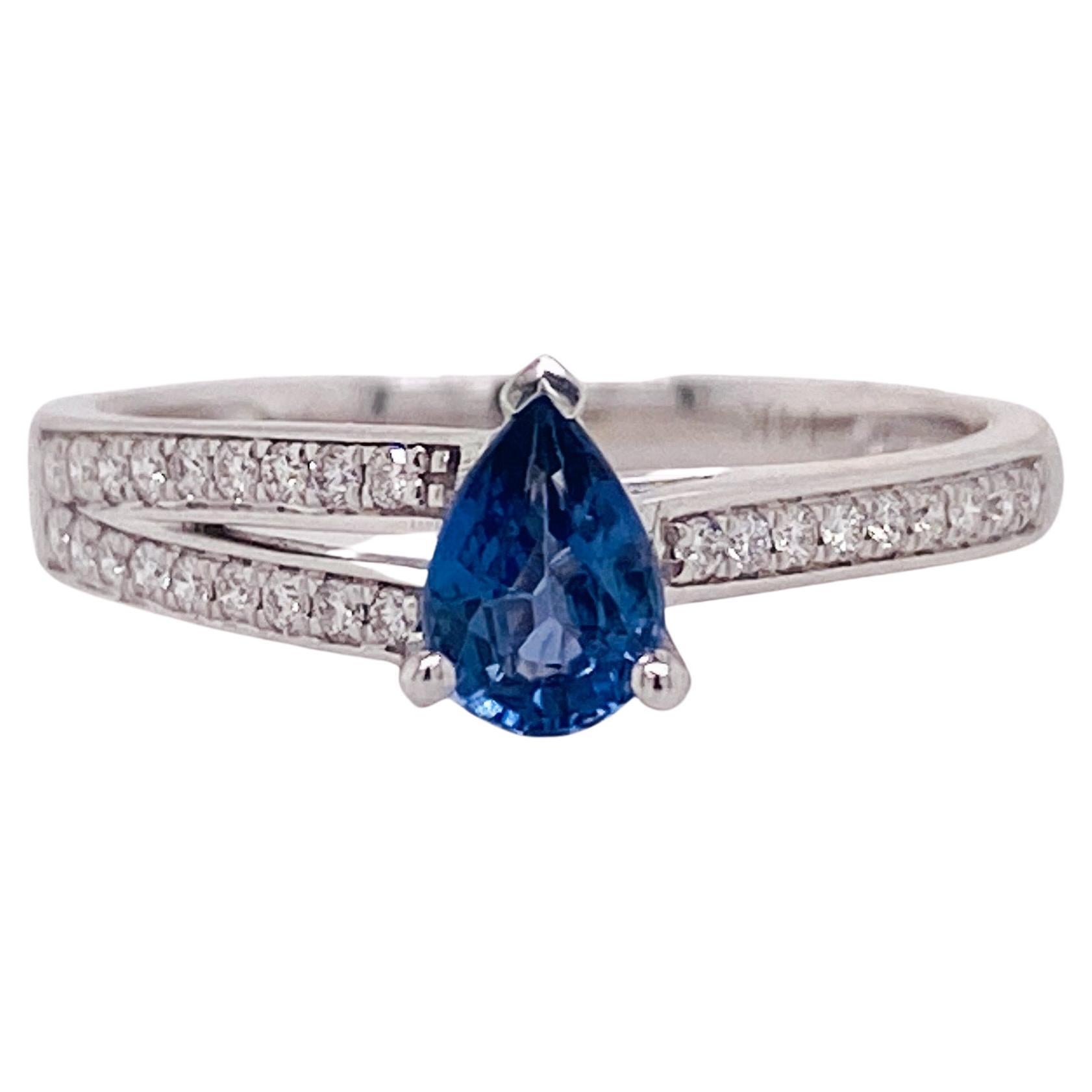 Petite Pear Sapphire 0.53 Carat Asymmetric Ring with Diamonds 14k W/Y/R Gold LV