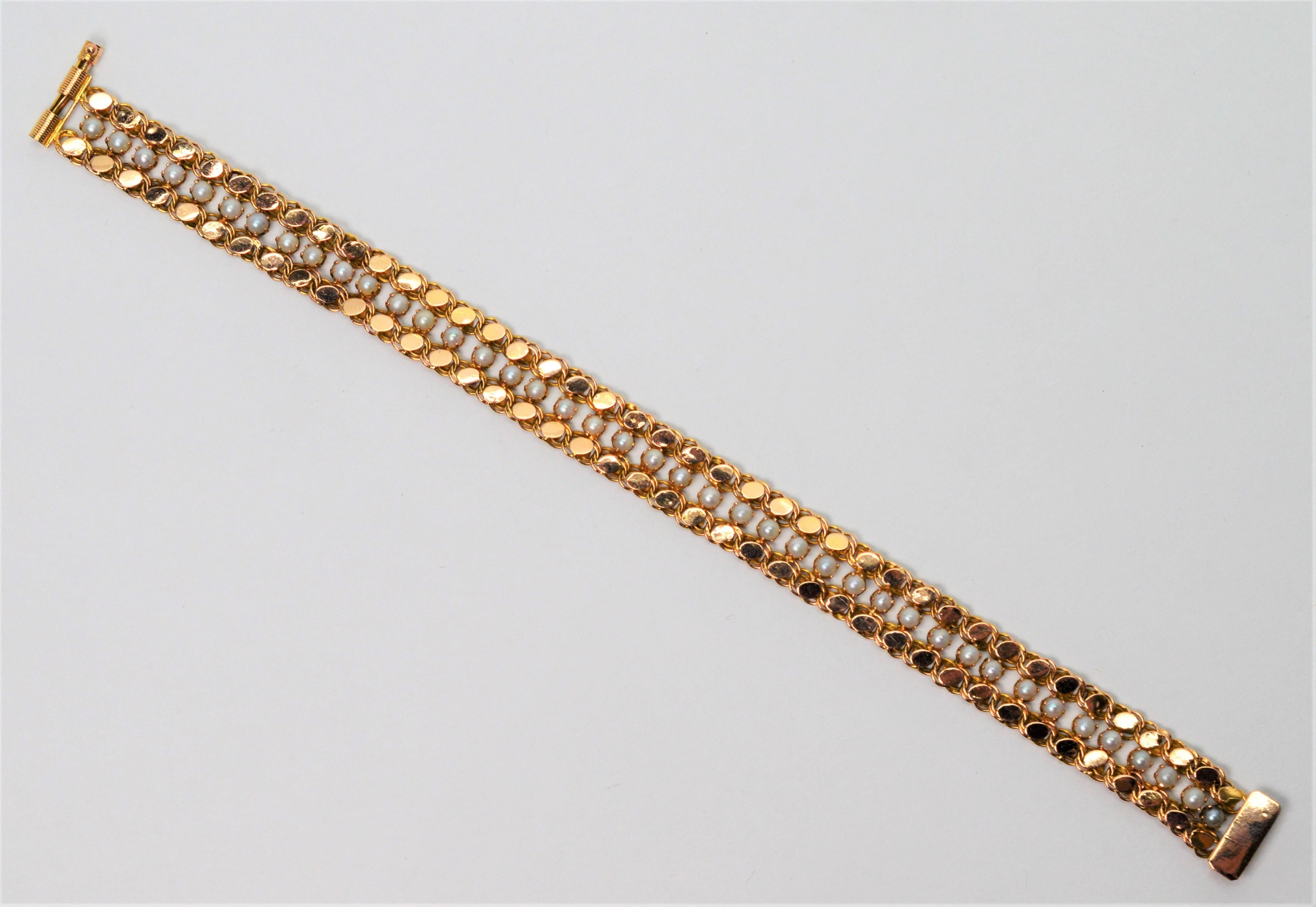 Gliederarmband aus 14 Karat Gelbgold mit Perlen akzentuiert (Rundschliff) im Angebot