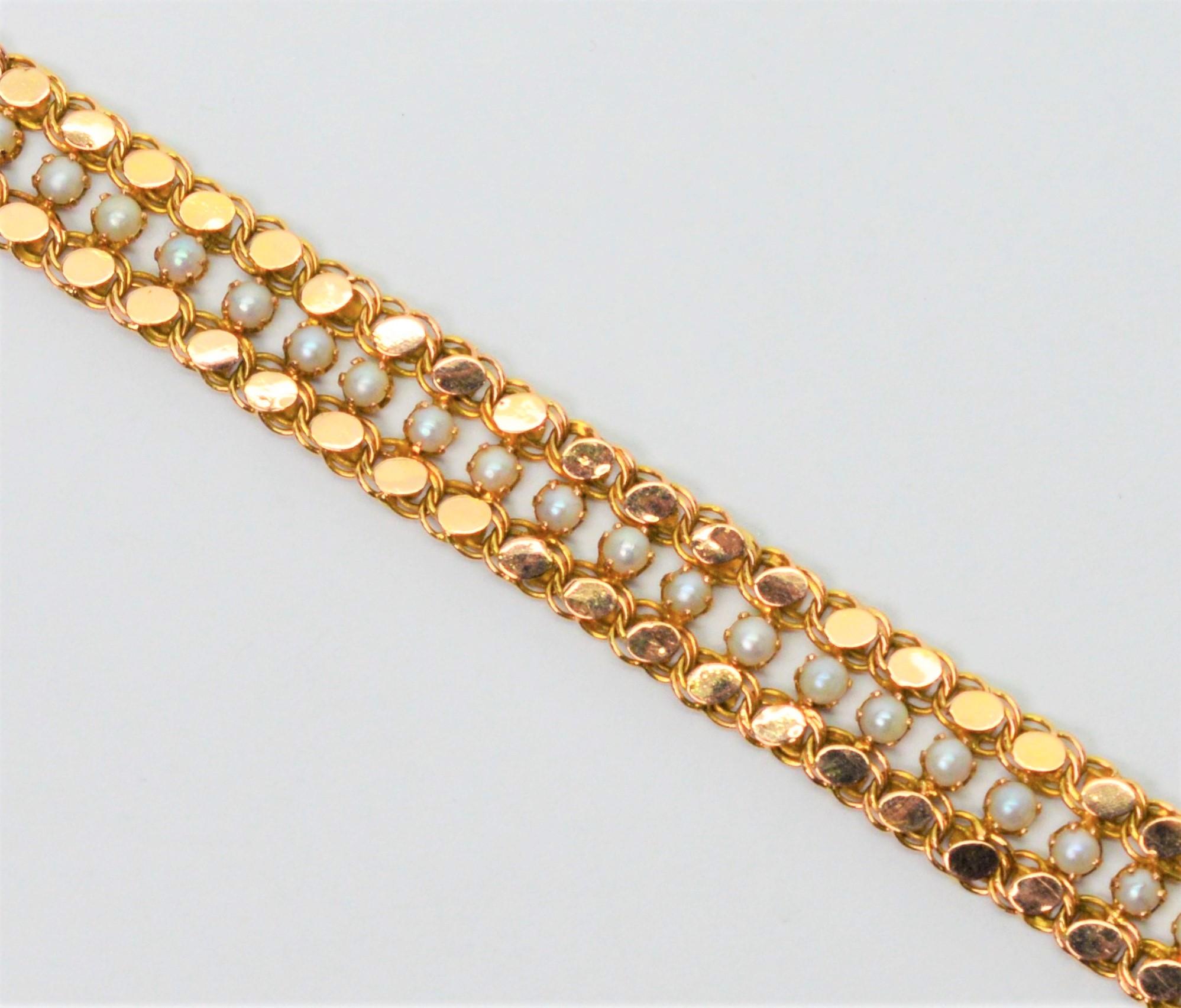 Round Cut Pearl Accented 14 Karat Yellow Gold Link Bracelet For Sale