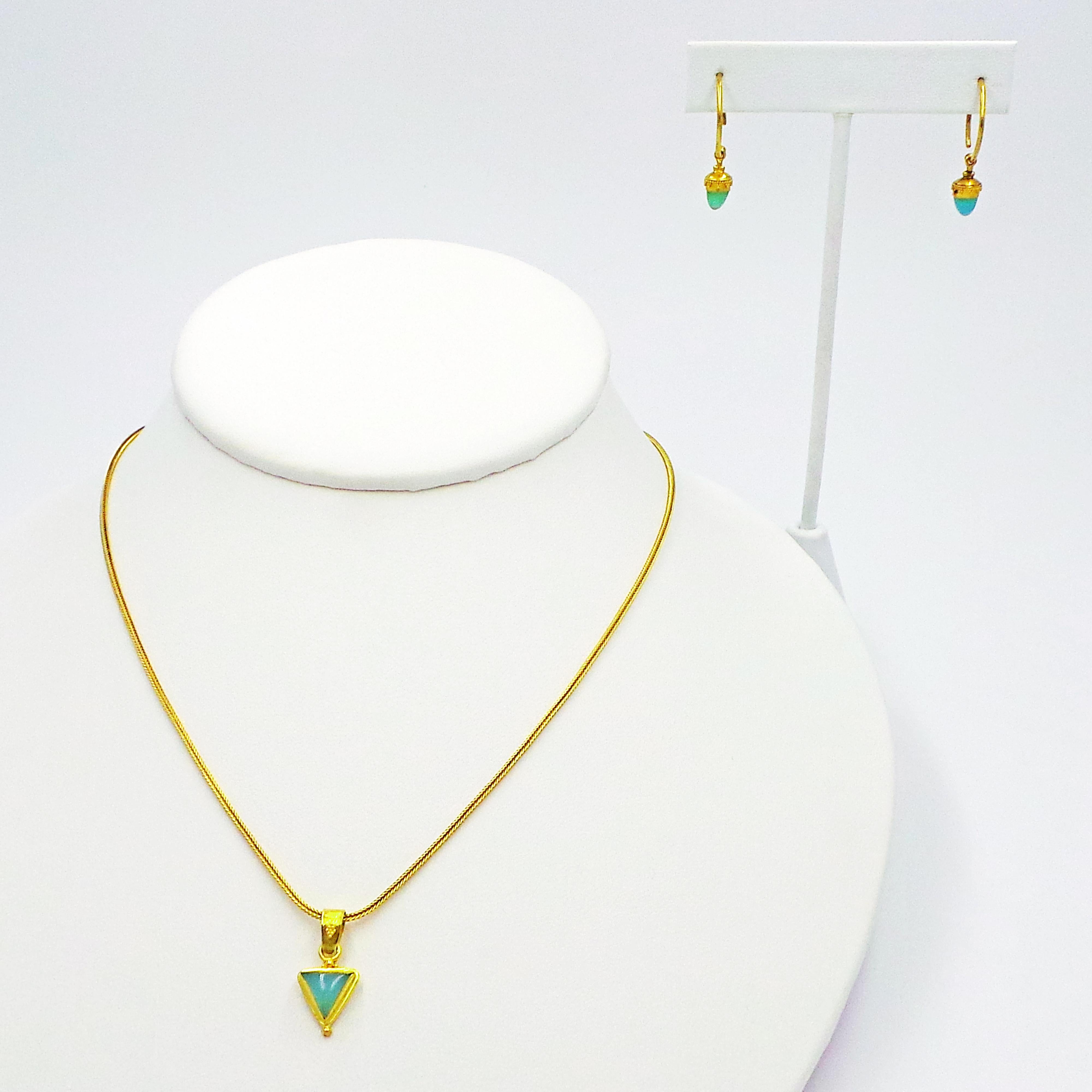 Petite Peruvian Blue Opal 22k Gold Pendant Necklace and Dangle Hoop Earring Set 4