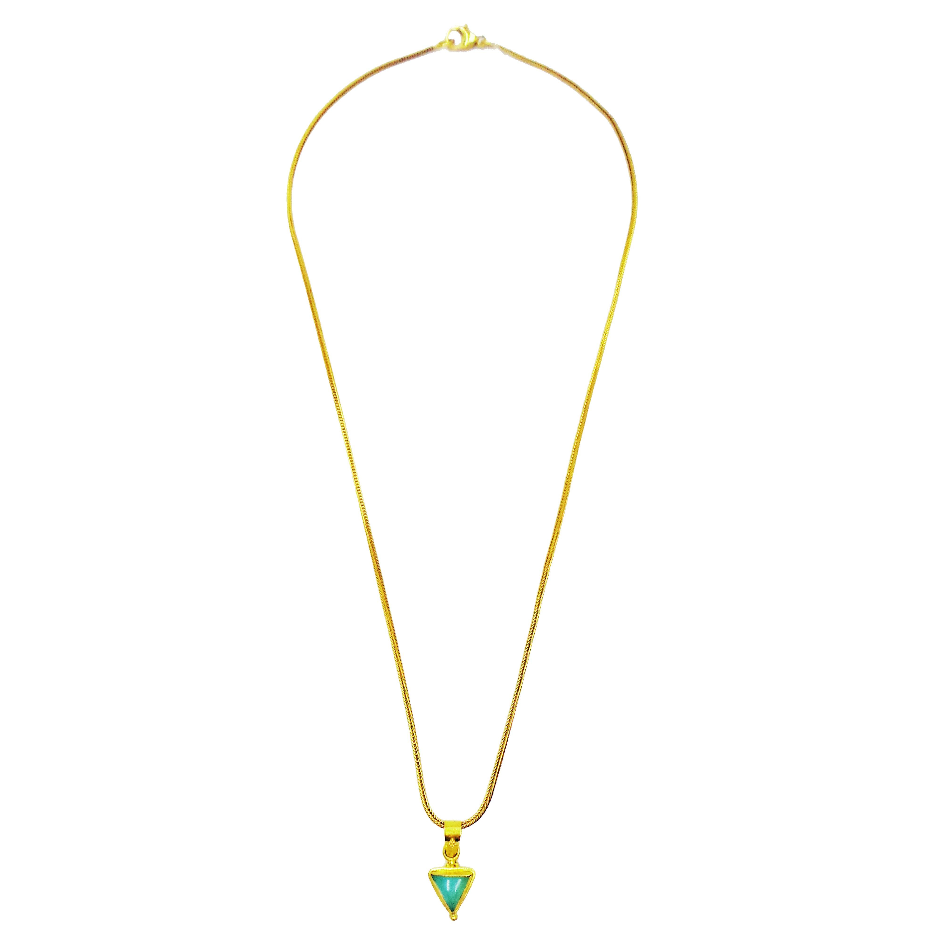 Petite Peruvian Blue Opal and 22k yellow gold pendant necklace and dangle hoop earring set. Necklace pendant is 22k yellow gold with granulation accents and triangle shaped greenish-blue Opal on a 18k gold foxtail chain with lobster clasp. Pendant