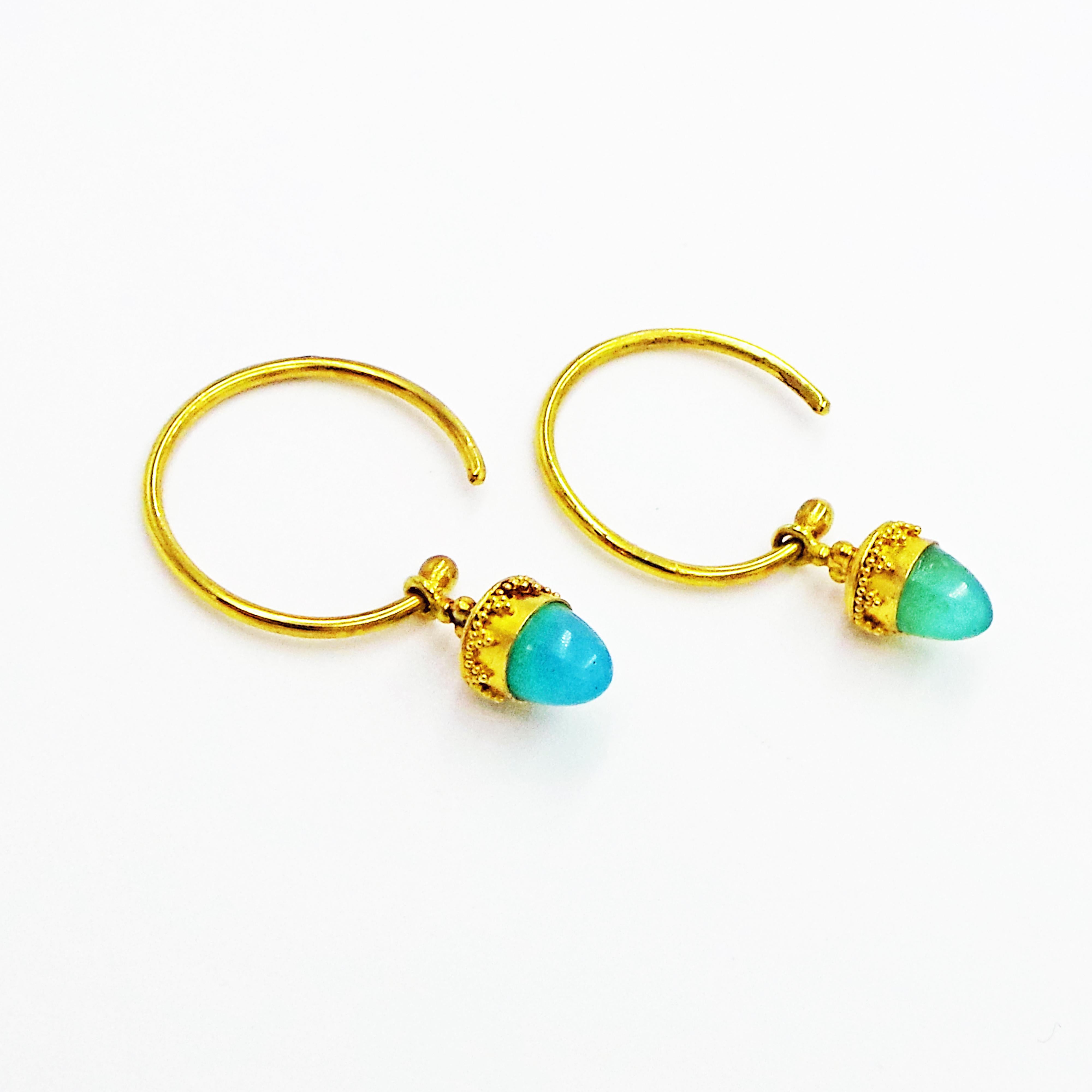 Women's Petite Peruvian Blue Opal 22k Gold Pendant Necklace and Dangle Hoop Earring Set