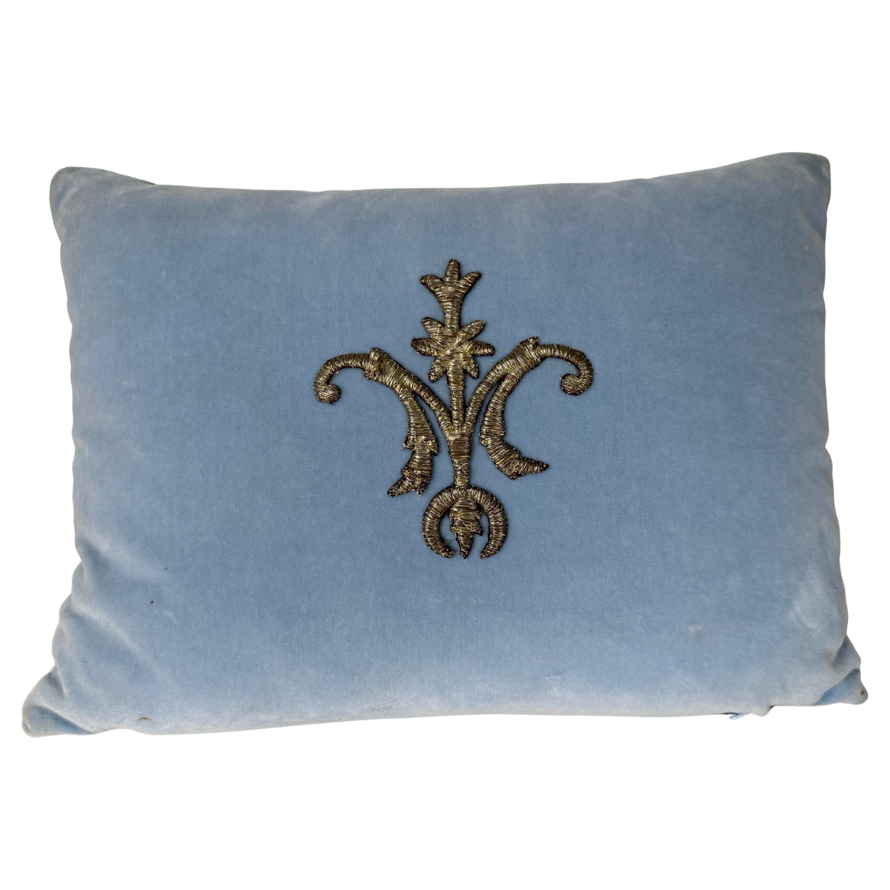 Petite Pillow with 19th Century Metallic Appliqué on Blue Velvet