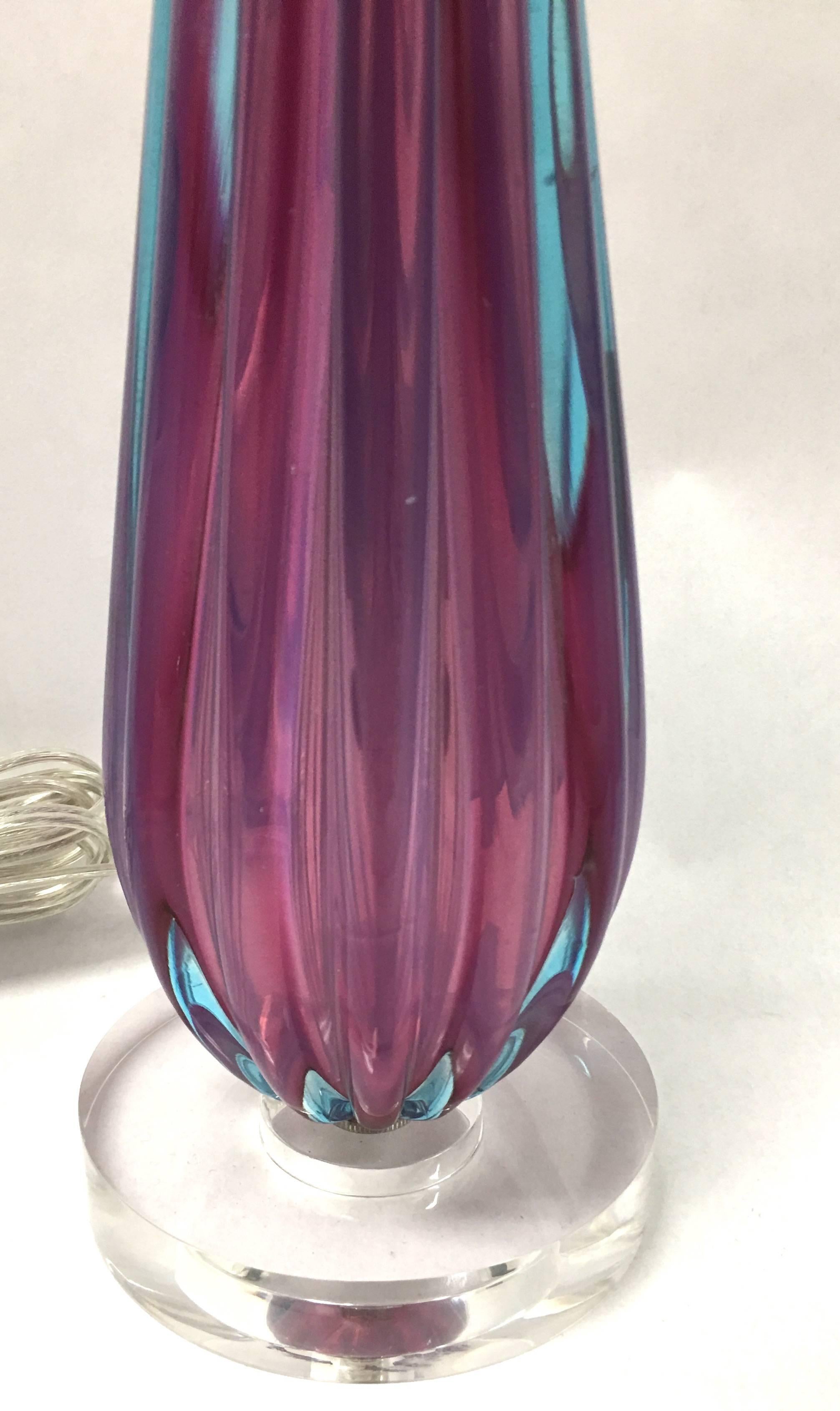Italian Pink and Blue Murano Glass Table Lamp For Sale