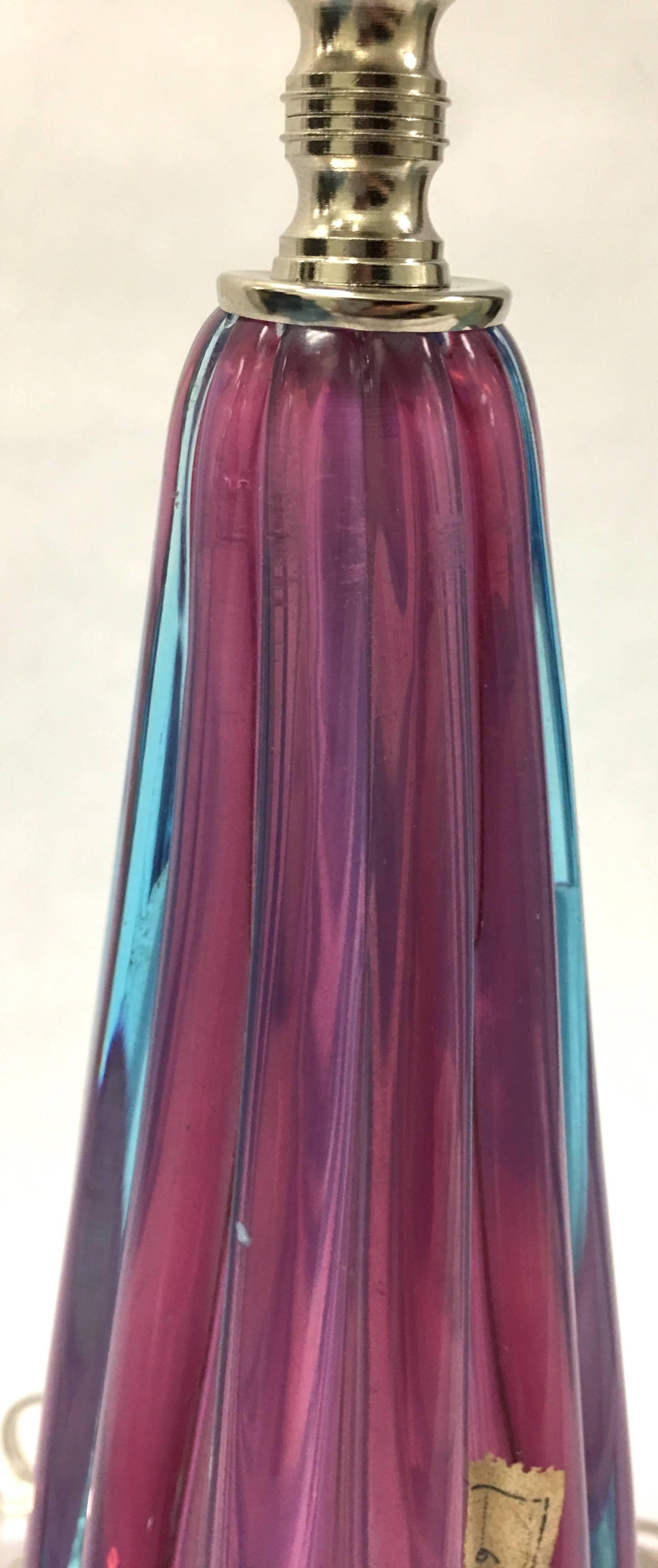 Mid-20th Century Pink and Blue Murano Glass Table Lamp For Sale
