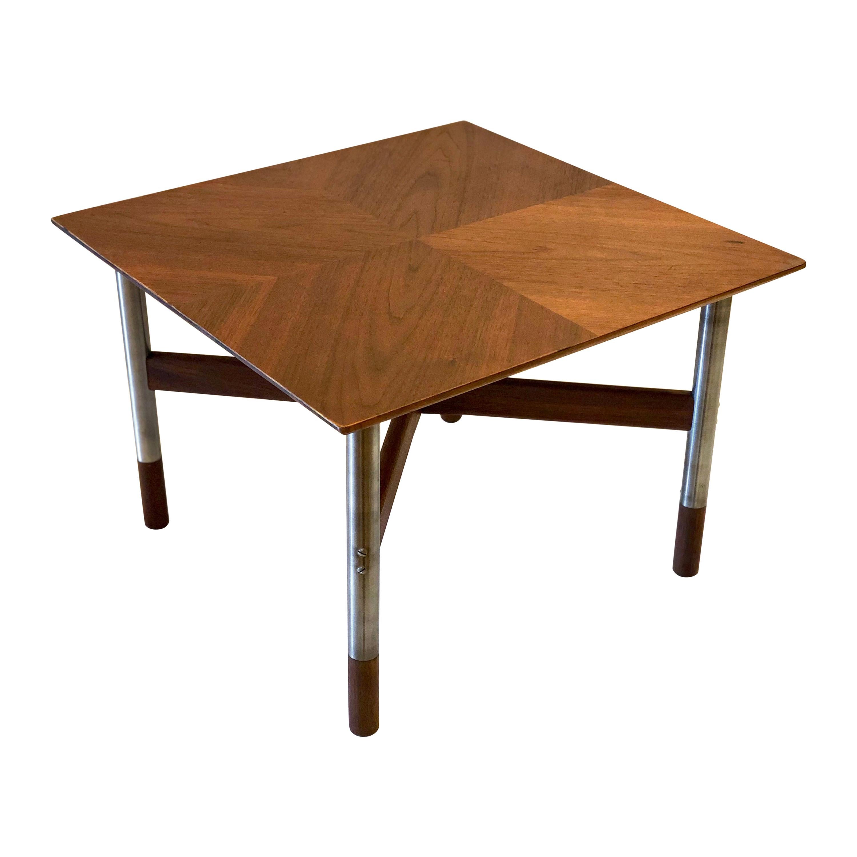 Petite & Rare Teak Cocktail Square Table with Stainless Steel Legs and Wood Tips For Sale
