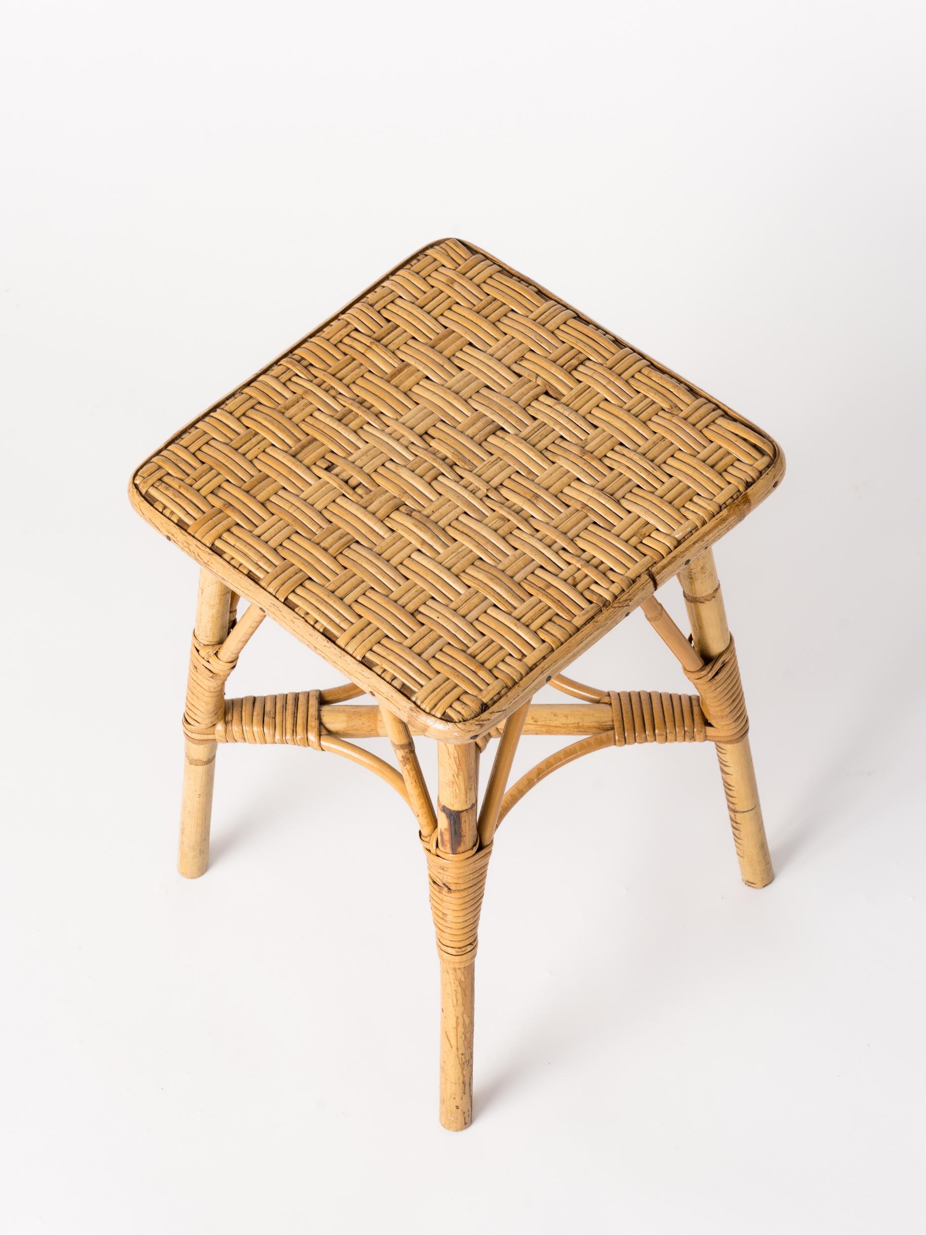 French Petite Rattan Stool in the Style of Louis Sognot, France, 1960's For Sale