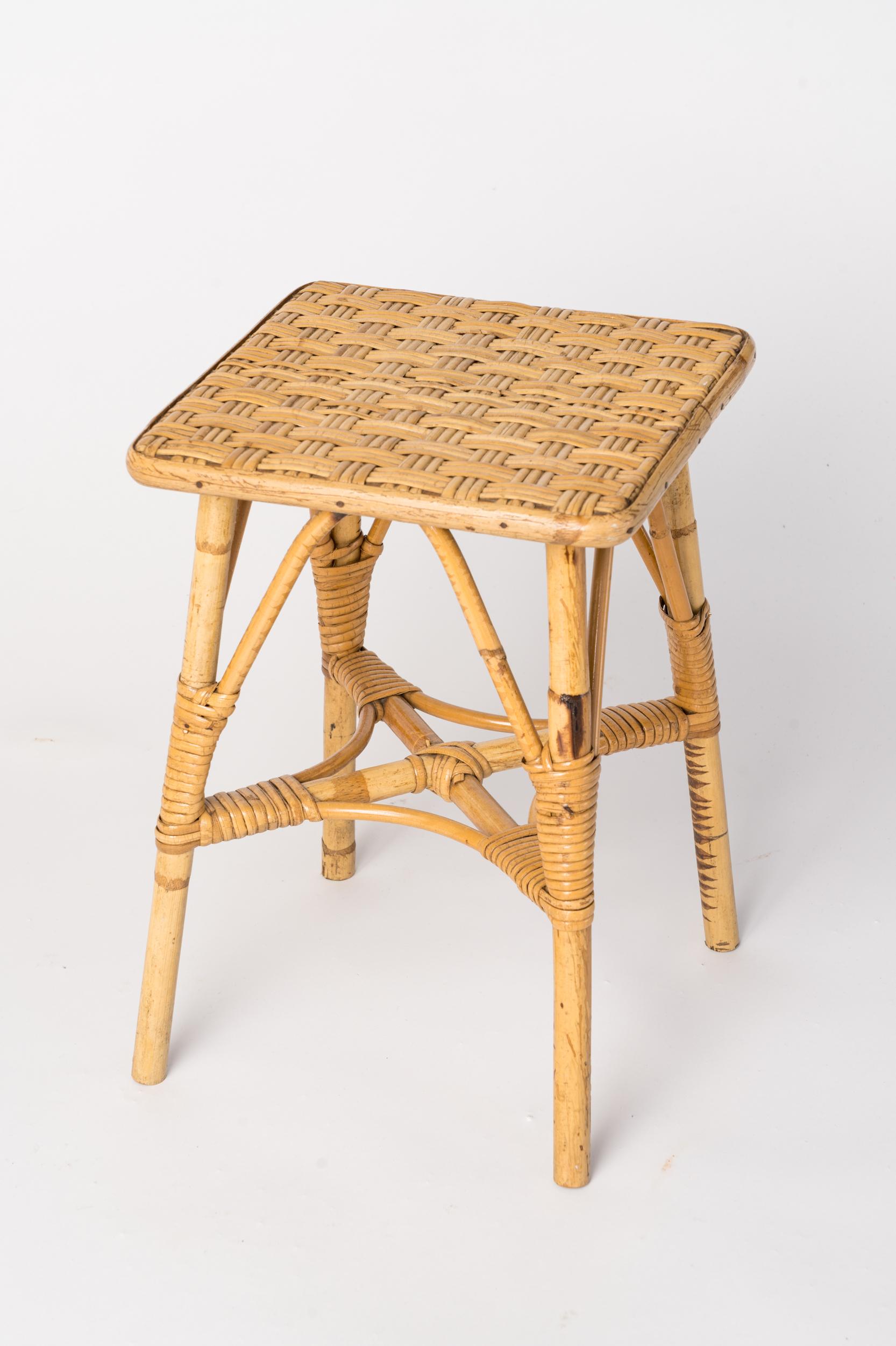 Petite Rattan Stool in the Style of Louis Sognot, France, 1960's In Fair Condition For Sale In New York, NY