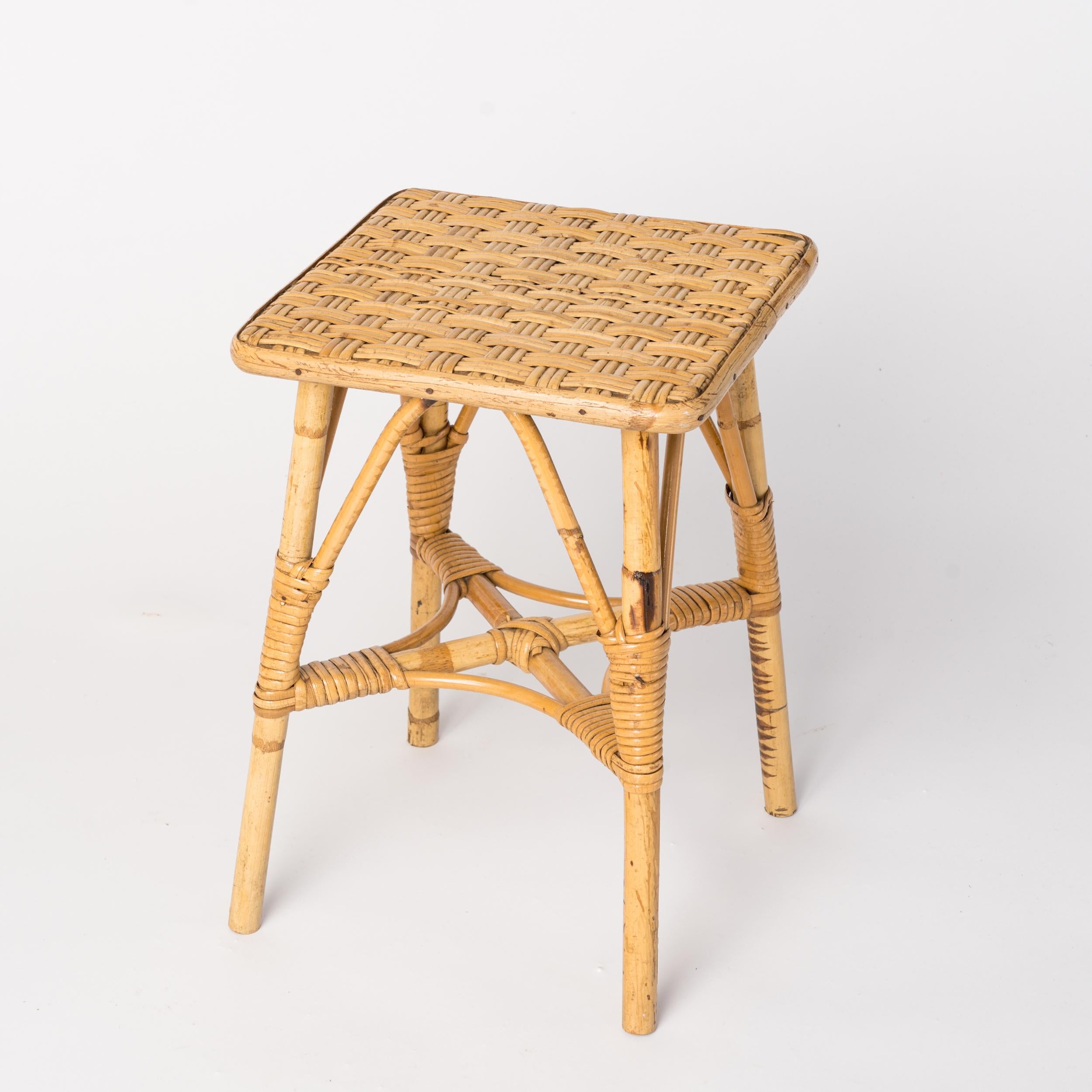 Mid-20th Century Petite Rattan Stool in the Style of Louis Sognot, France, 1960's For Sale