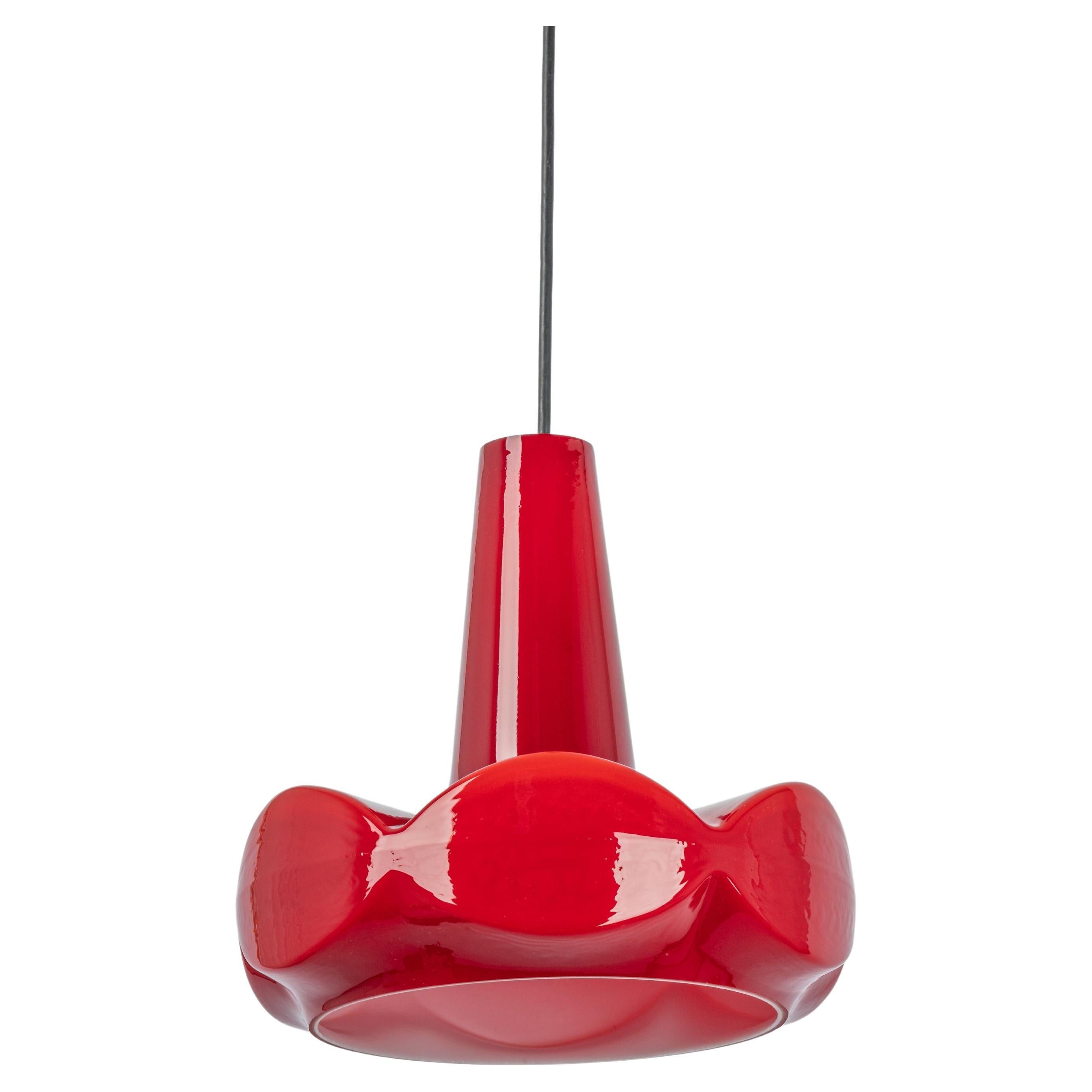 Petite red Glass Pendant Light by Peill Putzler, Germany, 1970 For Sale