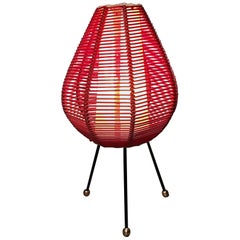 Petite Red Midcentury Woven Shade & Iron Tripod Table Lamp, 1950s, Italy