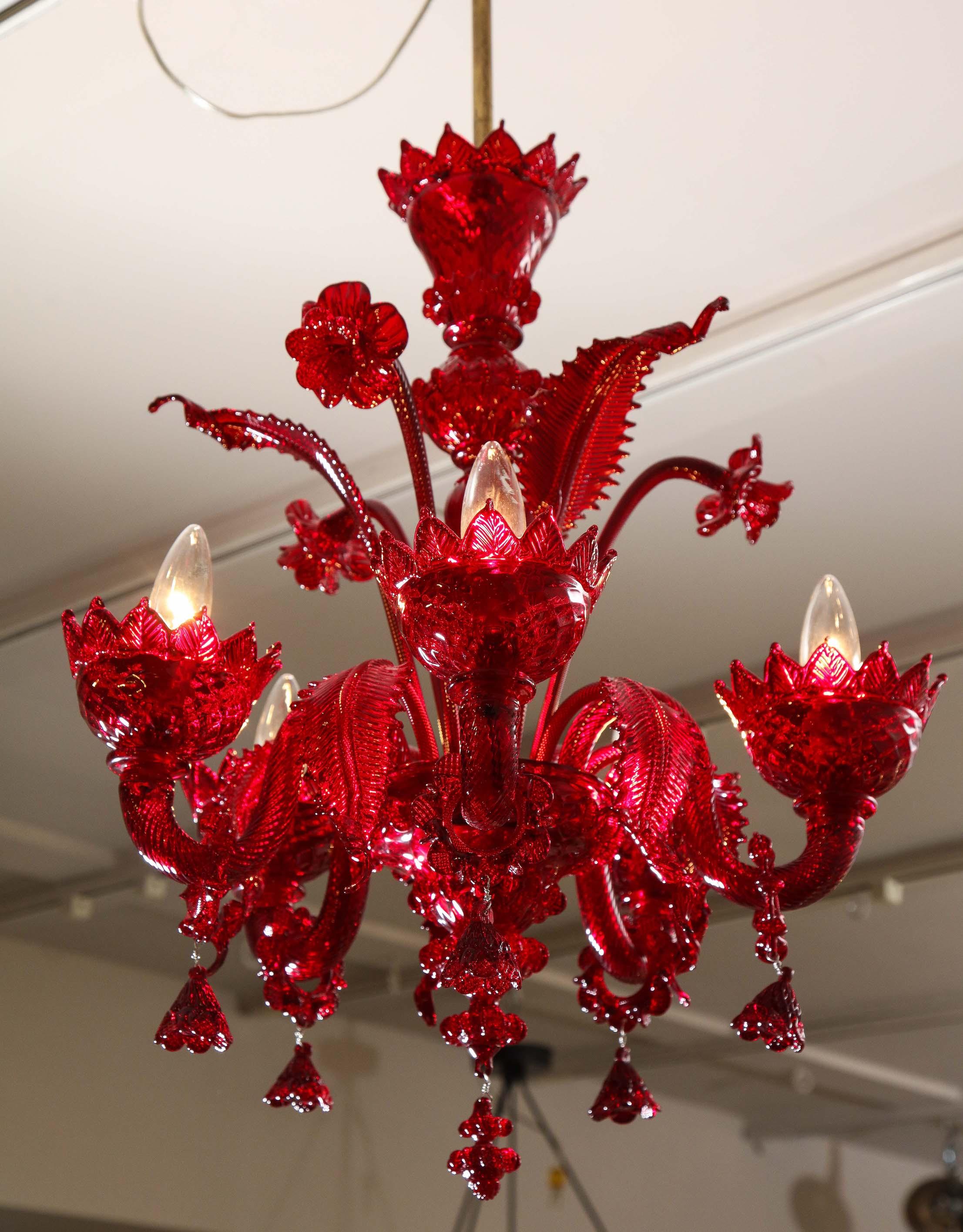 Petite Red Murano Floral Chandelier In Fair Condition In New York, NY