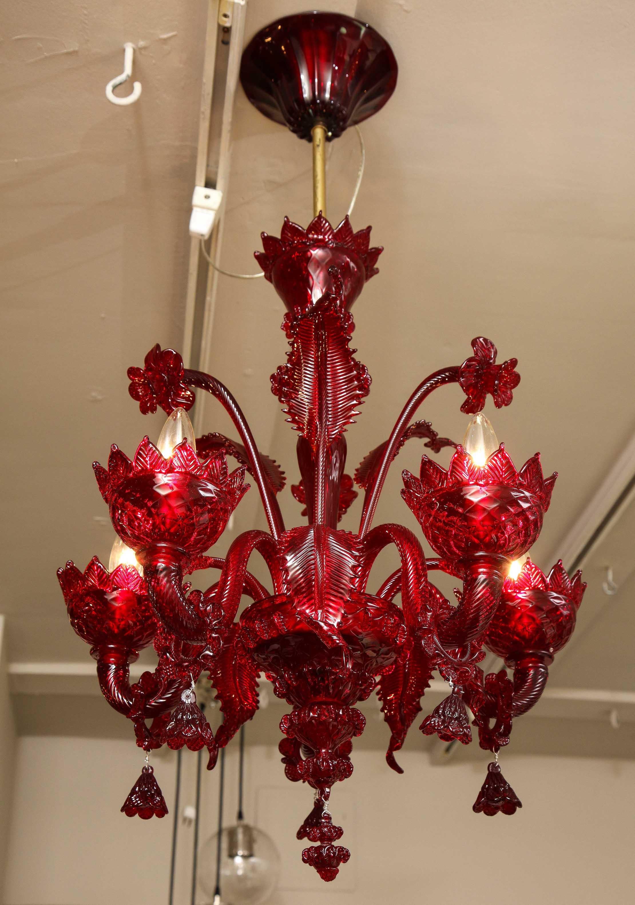 Contemporary Petite Red Murano Floral Chandelier