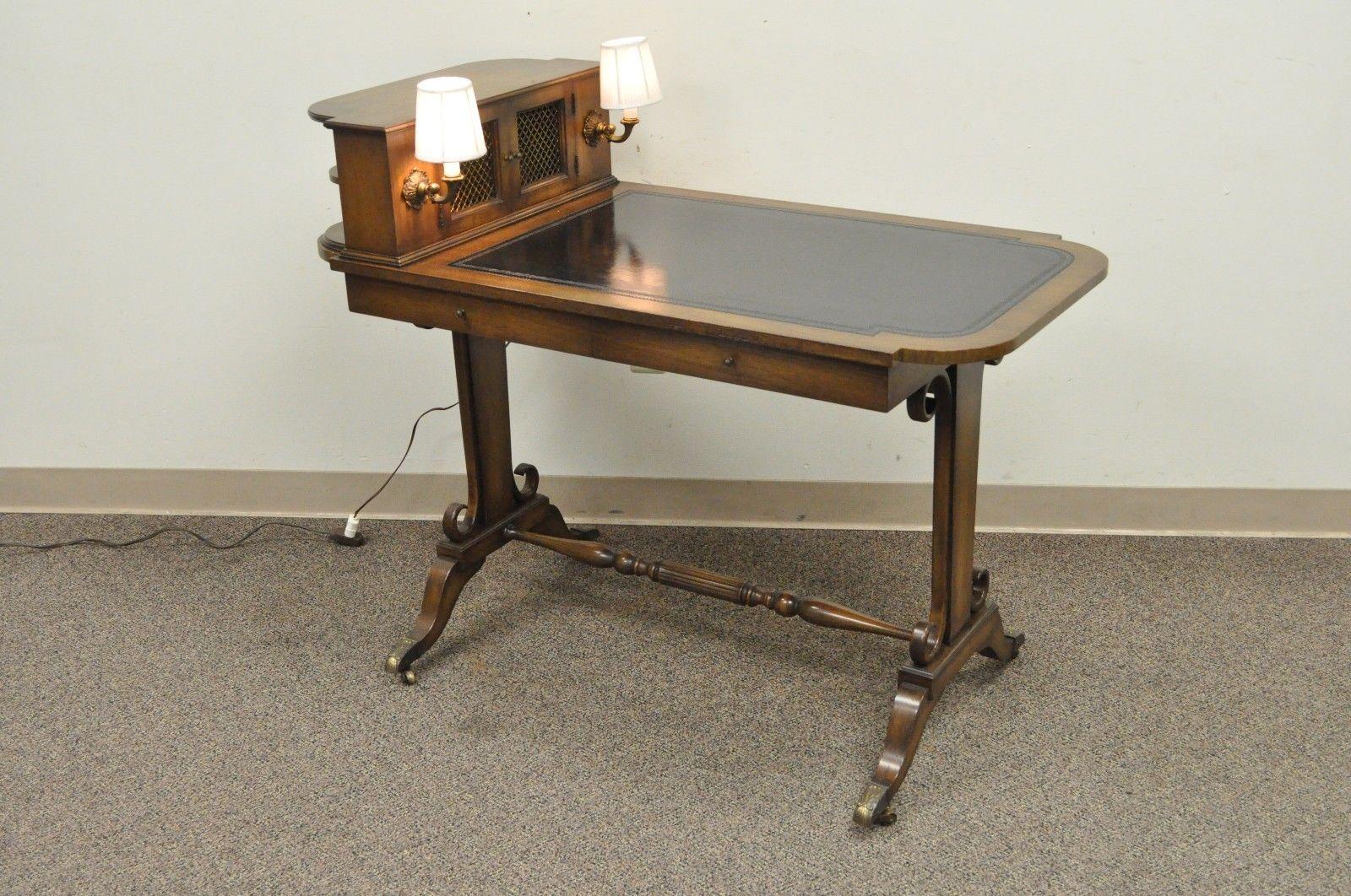Petite Regency Leather Top Mahogany Writing Desk Hall Table with Sconce Lights 6
