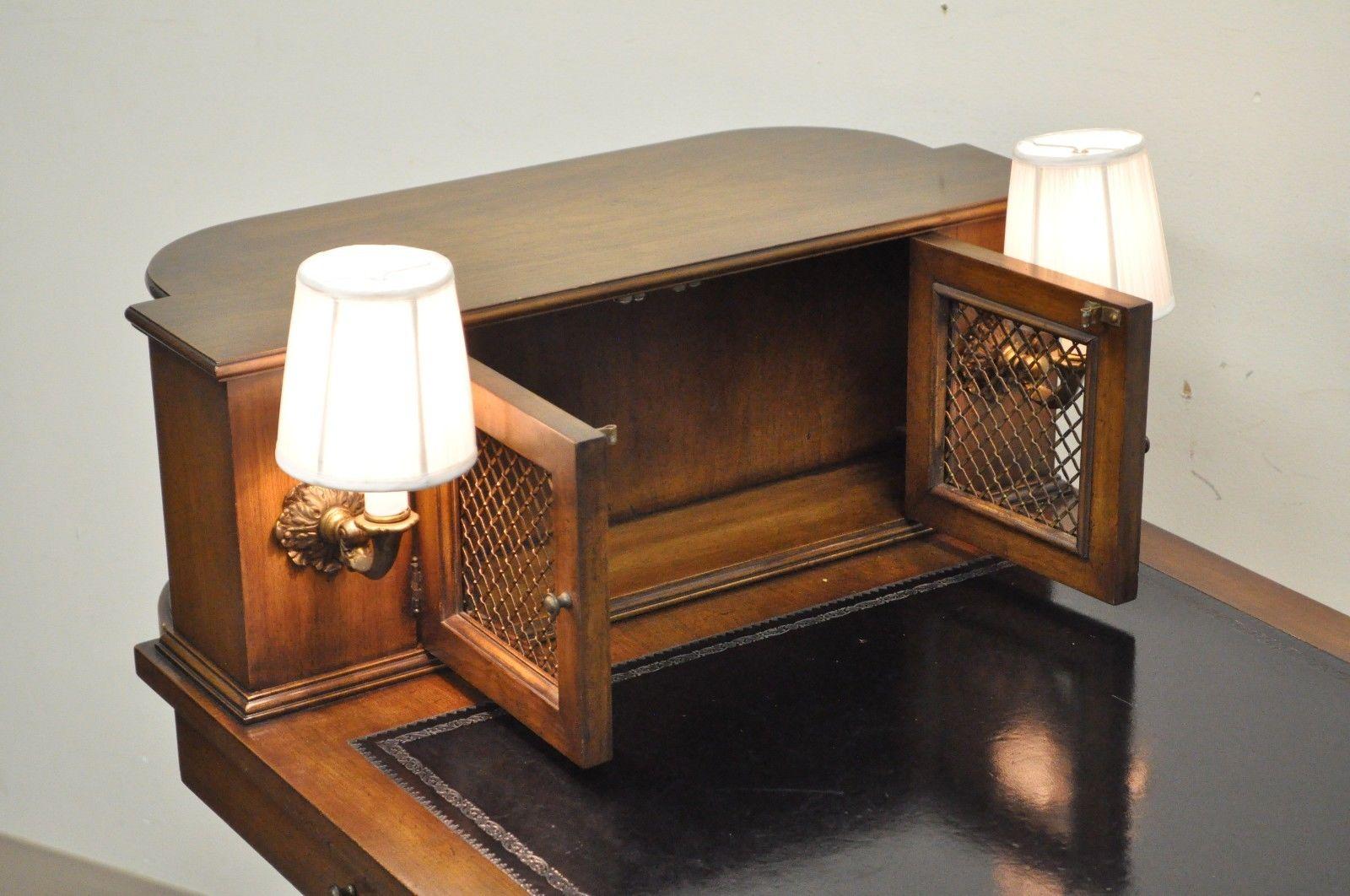 Petite Regency Leather Top Mahogany Writing Desk Hall Table with Sconce Lights In Good Condition In Philadelphia, PA