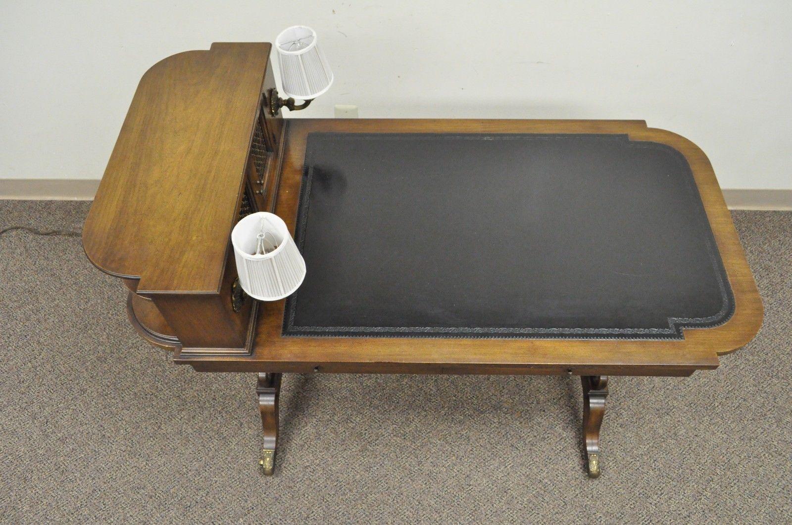 20th Century Petite Regency Leather Top Mahogany Writing Desk Hall Table with Sconce Lights