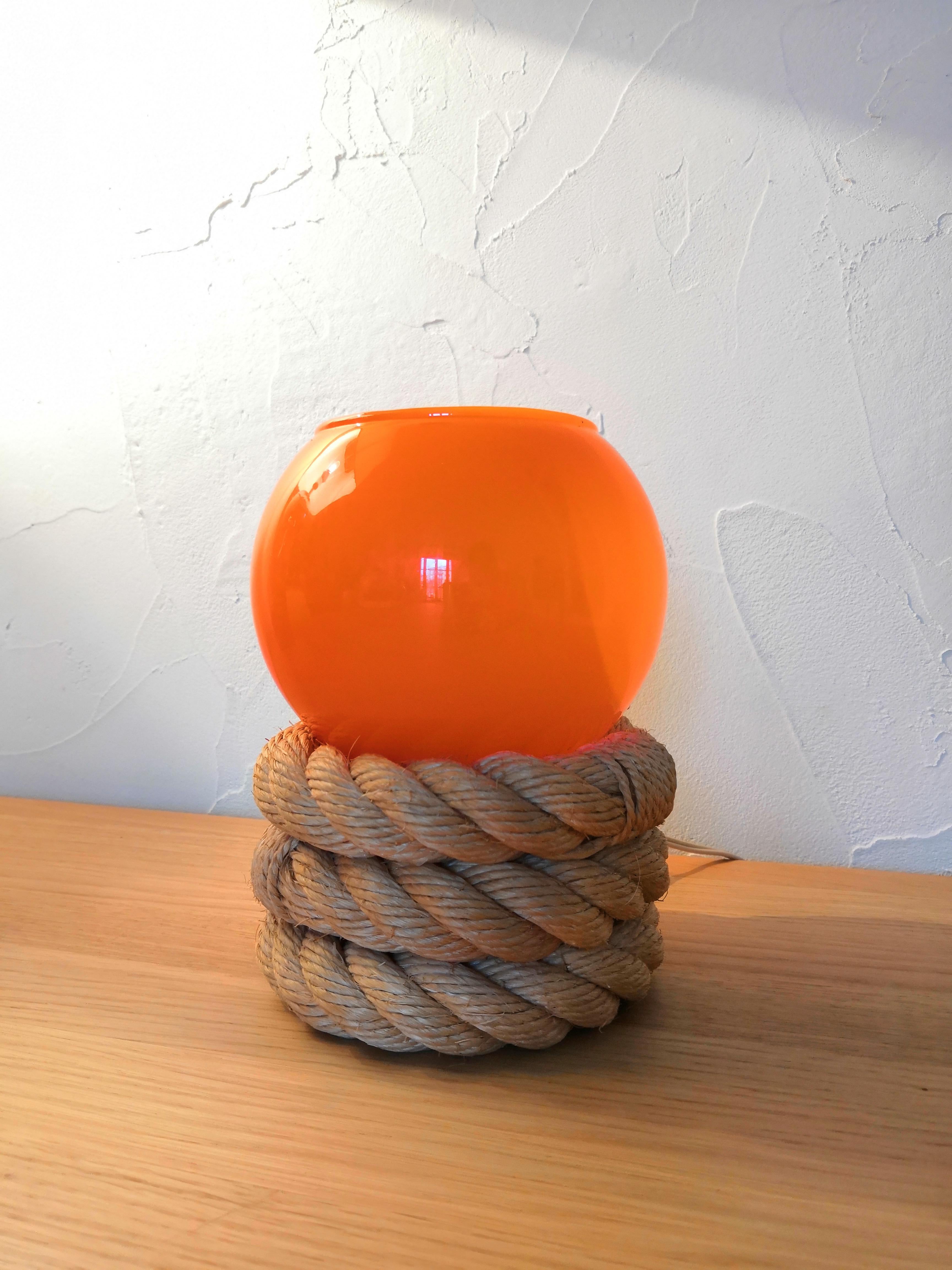 French Petite Rope and Opaline Table Lamp by Audoux Minnet, France, 1960s