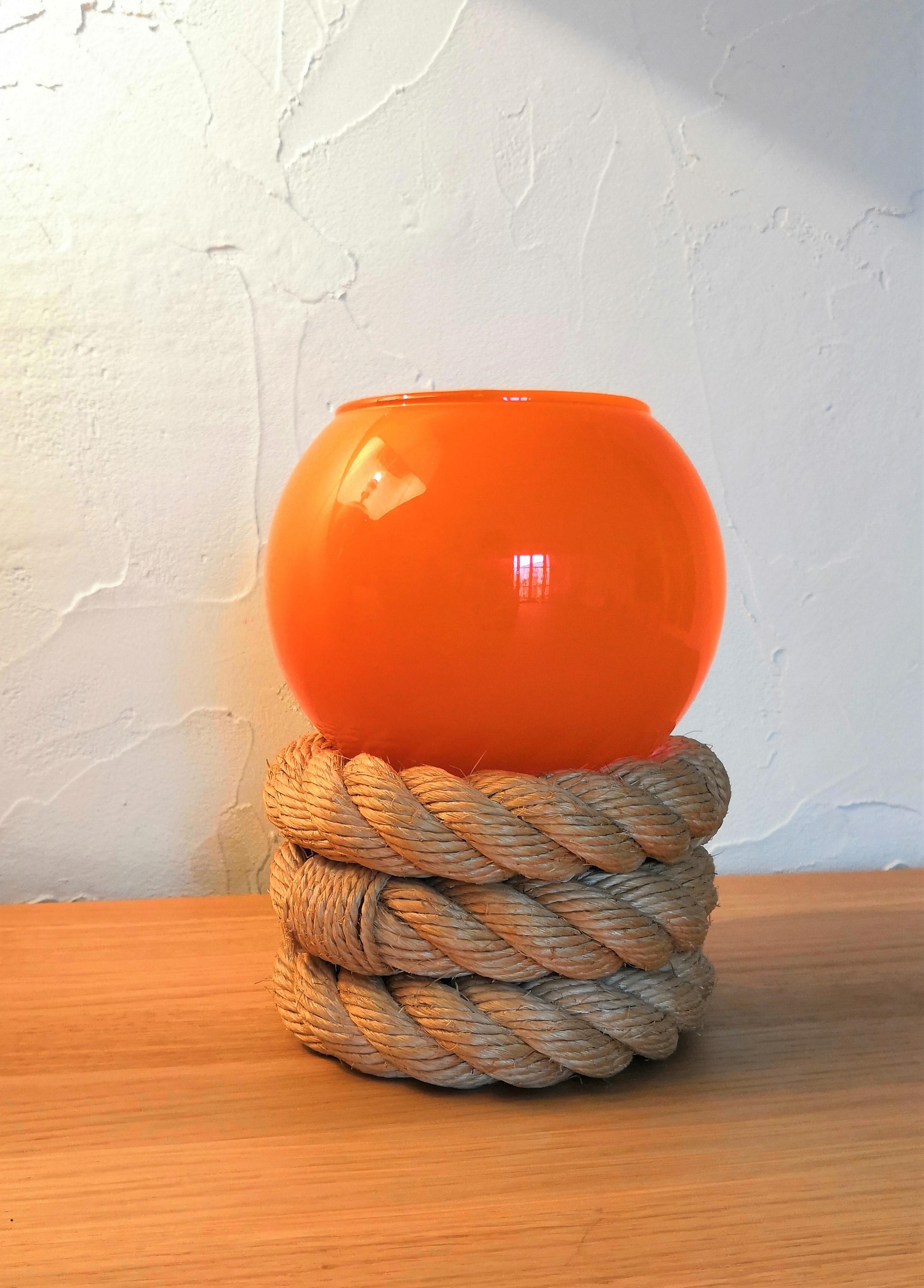 Petite Rope and Opaline Table Lamp by Audoux Minnet, France, 1960s In Good Condition In New York, NY