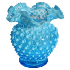 Antique Petite Round Blue Murano Style Art Glass Hobnail Budding Vase Hobbs
