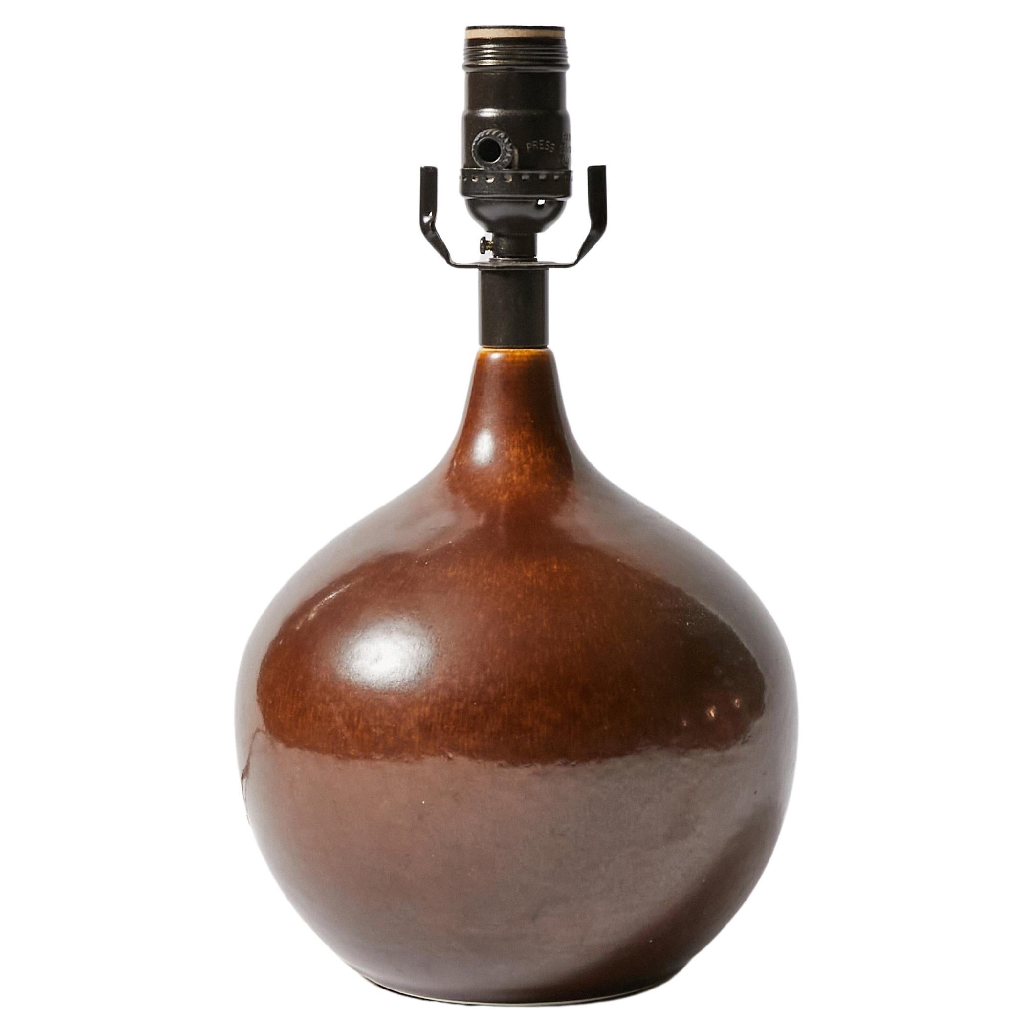 Petite Round Ceramic Table Lamp in Brown Glaze Finish