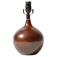 Petite Round Ceramic Table Lamp in Brown Glaze Finish
