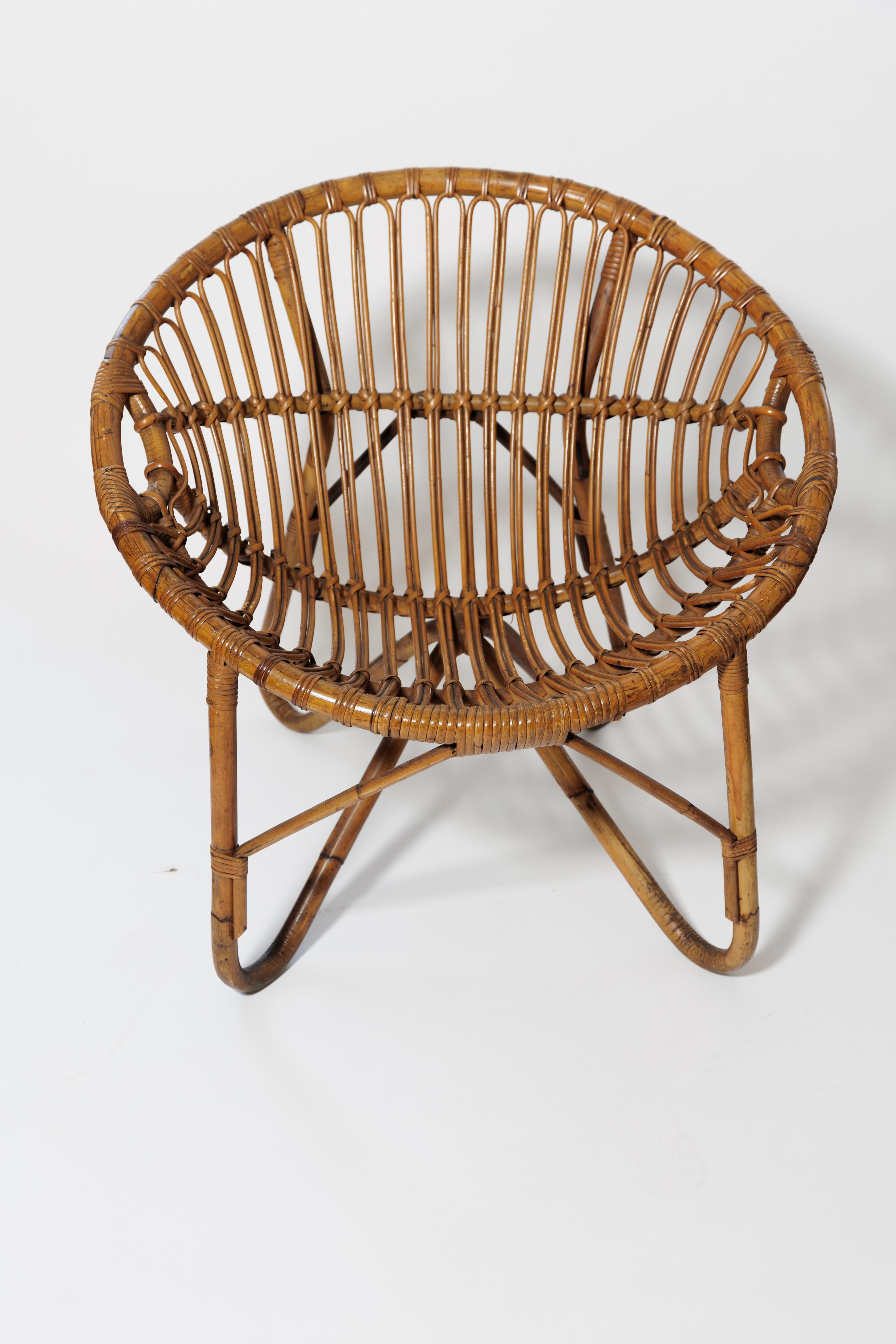 Mid-Century Modern Pair of Petite Round Form Rattan Chairs For Sale