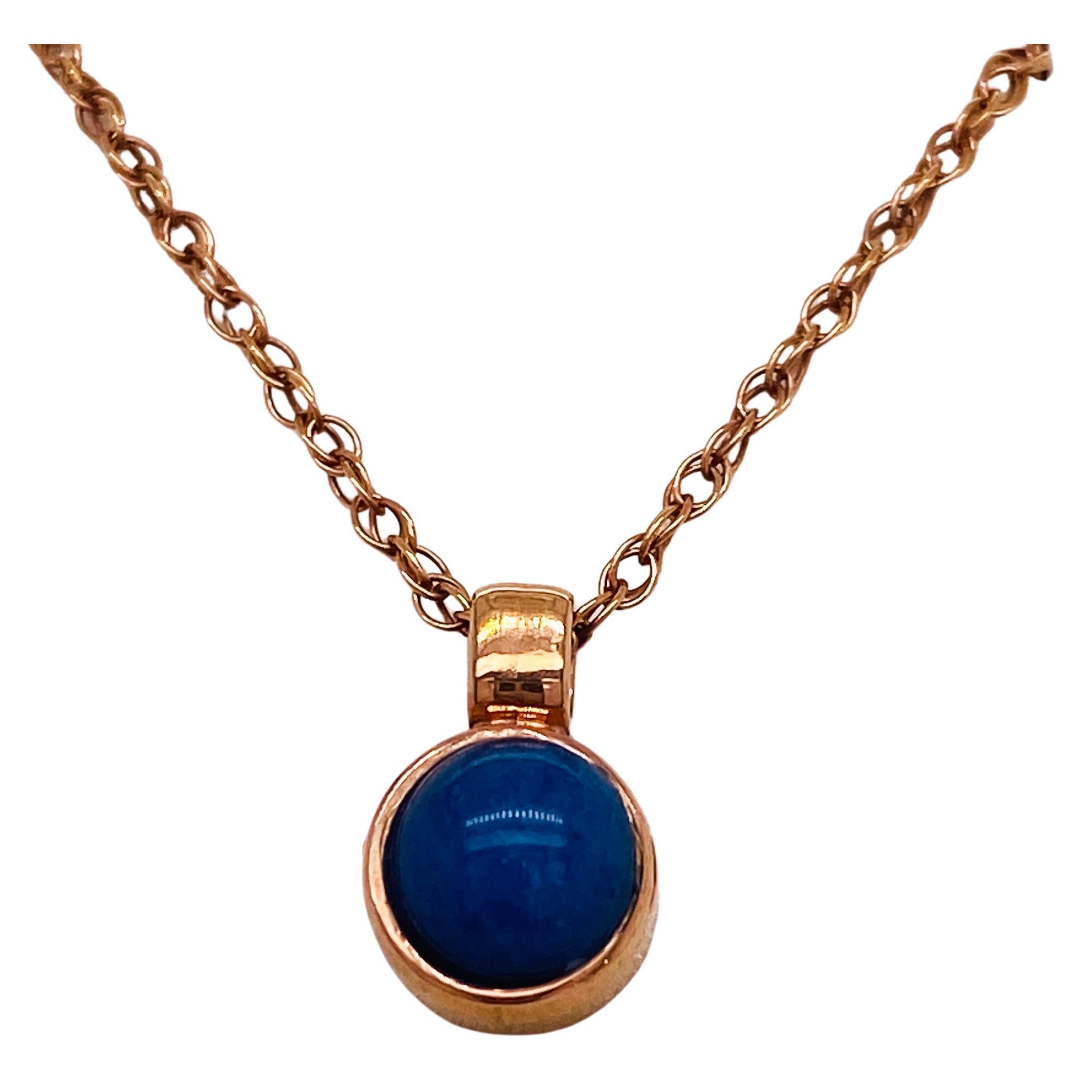 Petite Round Lapis Cabochon Necklace in 14K Rose Gold, Virgo Birthstone LV For Sale