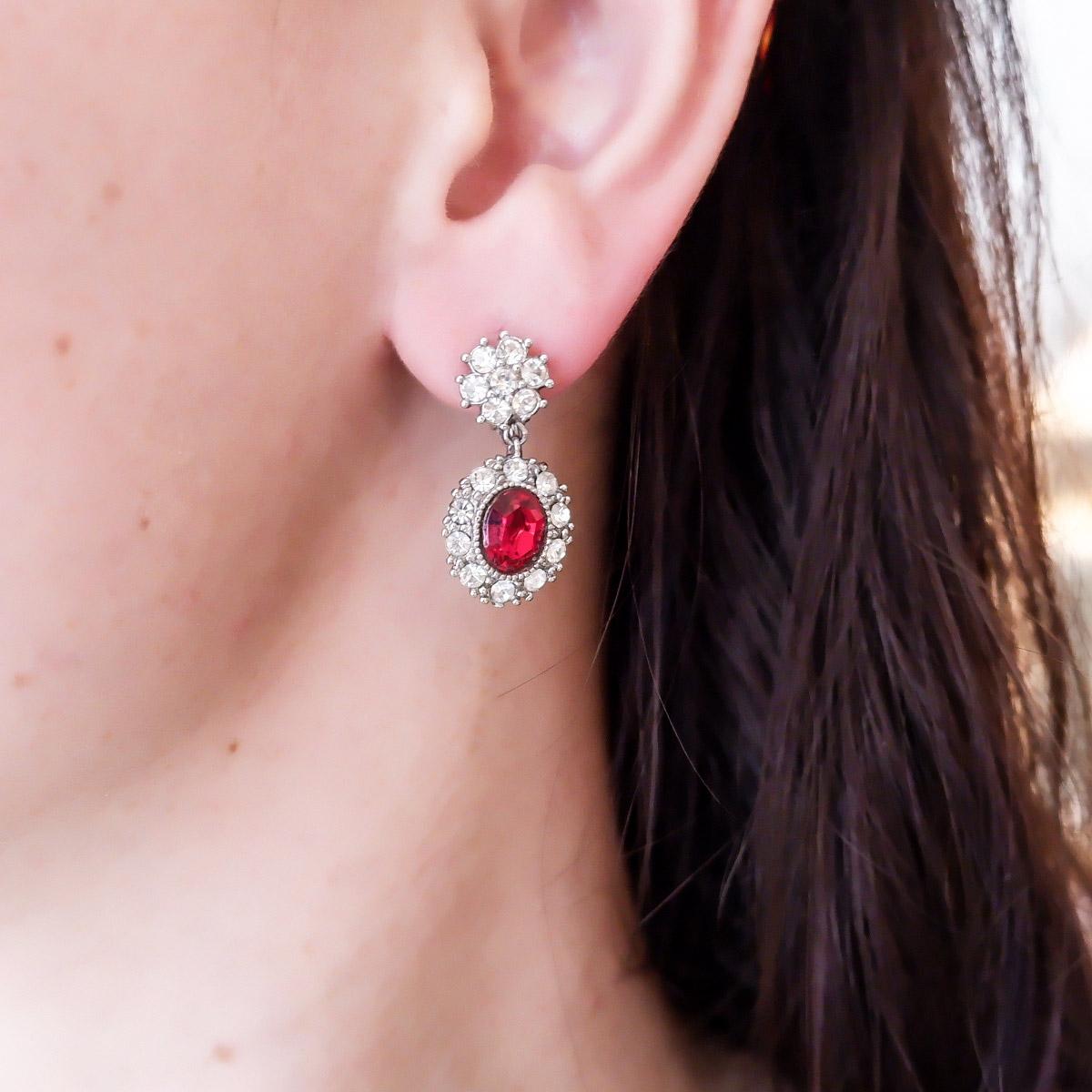 Contemporary Petite Ruby and Crystal Rhinestone Drop Earrings CLIP For Sale