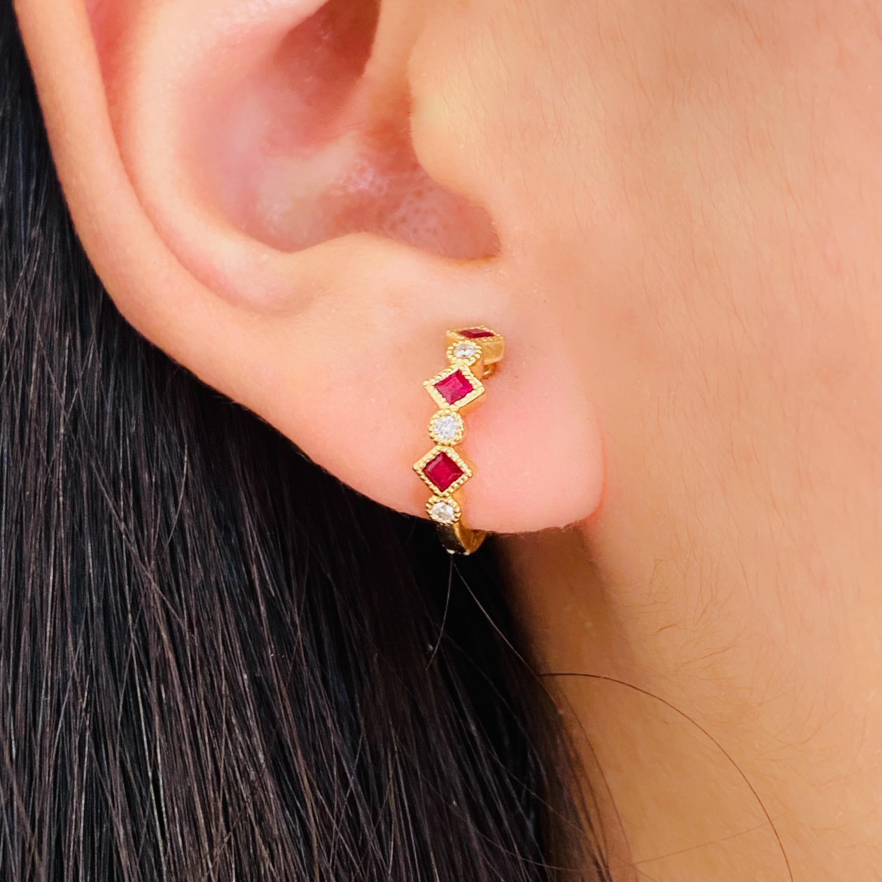 Style and comfort are the best parts of these ruby and diamond hoops! The alternating shapes of the square rubies and round diamonds make these hoops a perfect fit with a wide variety of styles! Huggie hoops are comfortable to wear day and night