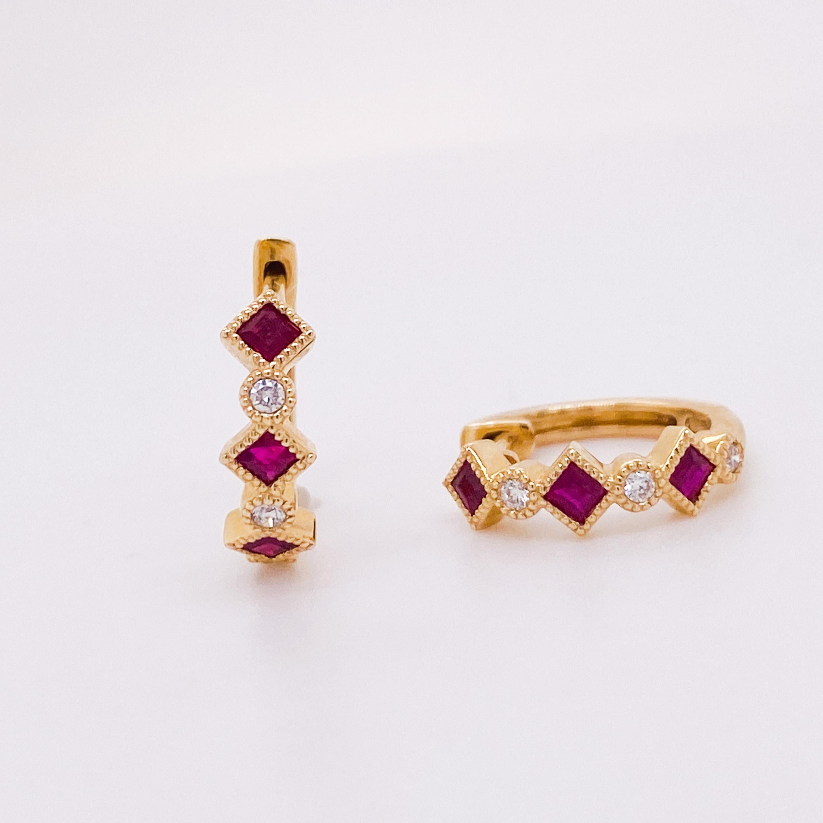 Contemporary Petite Ruby & Diamond Hinged Huggie Hoops, .50 Carats in 14K Yellow Gold Lv For Sale