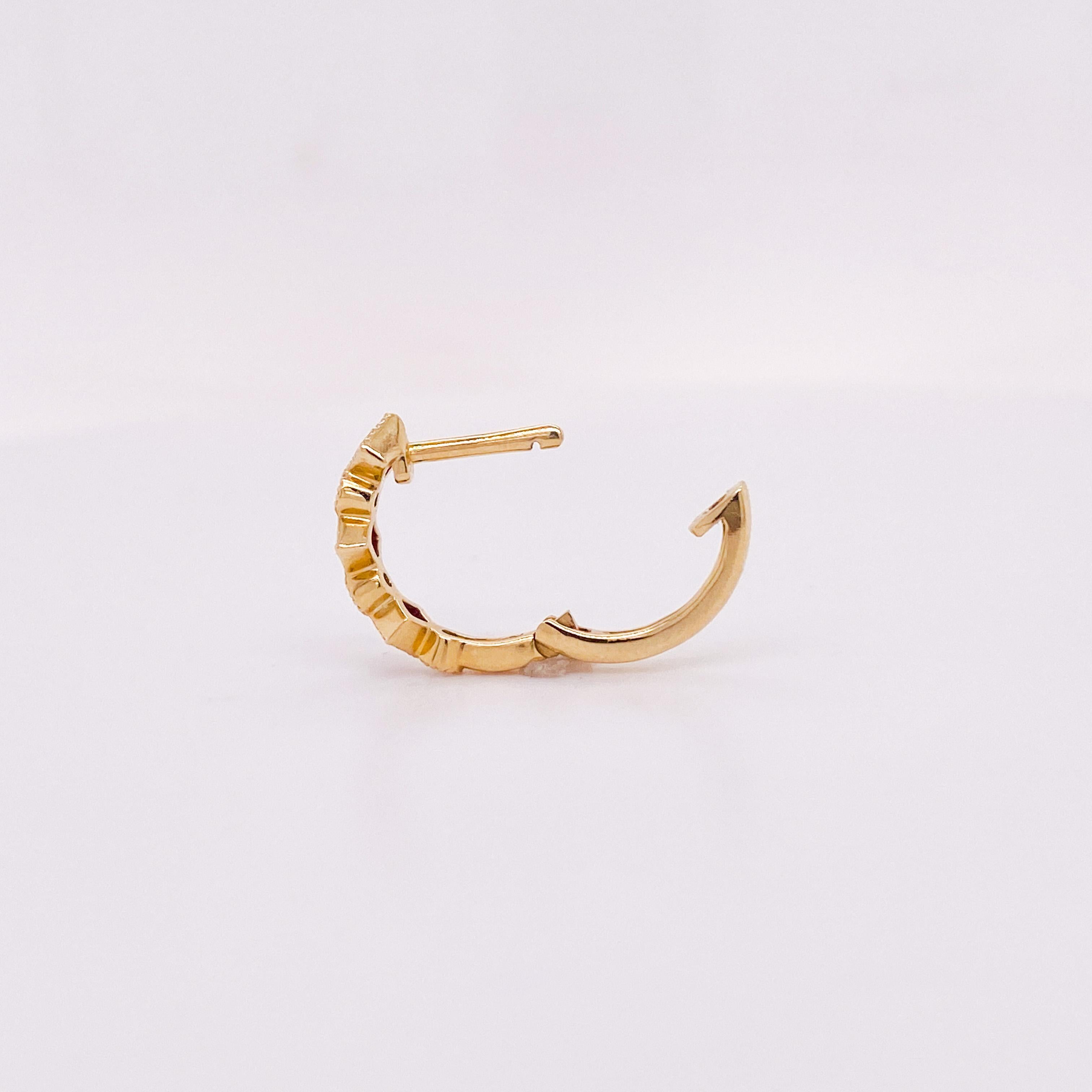 Square Cut Petite Ruby & Diamond Hinged Huggie Hoops, .50 Carats in 14K Yellow Gold Lv For Sale